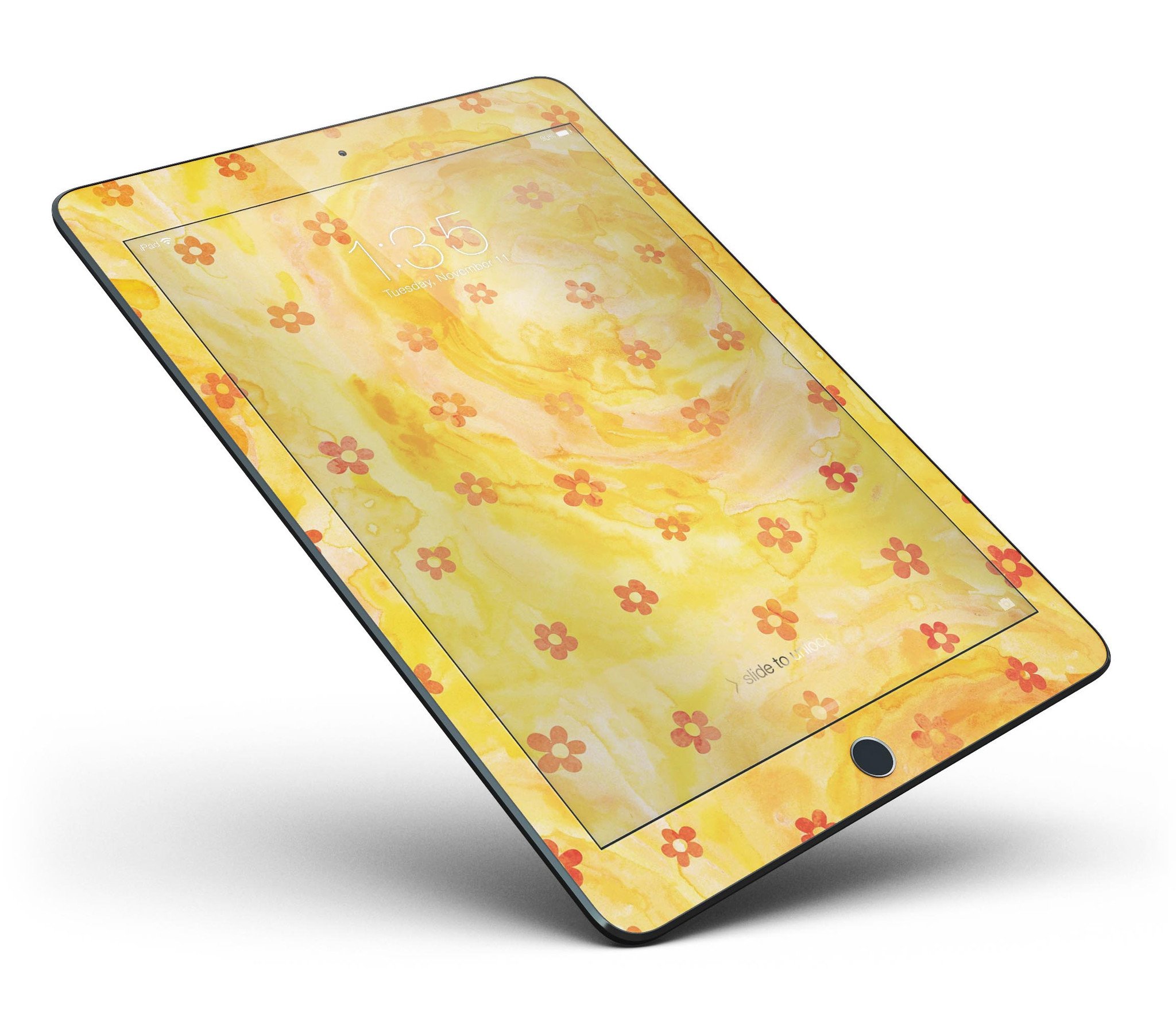 Cute watercolor flowers design on a yellow full body skin for iPad Pro, showcasing vibrant colors and a stylish look.