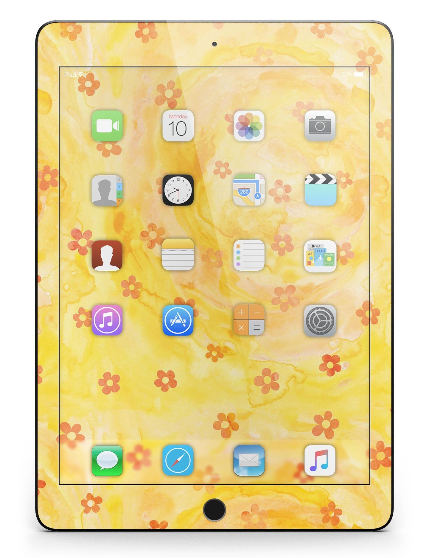 Cute watercolor flowers design on a yellow full body skin for iPad Pro, showcasing vibrant colors and a stylish look.