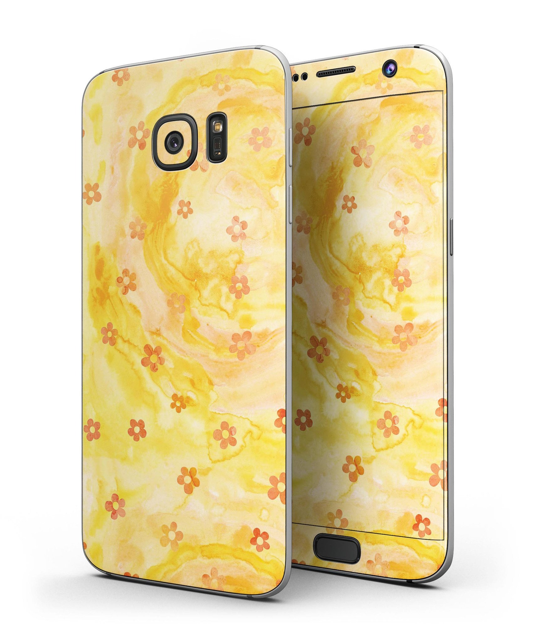 Cute Watercolor Flowers skin kit for Samsung Galaxy S7/S7 Edge, showcasing vibrant floral design on a yellow background.