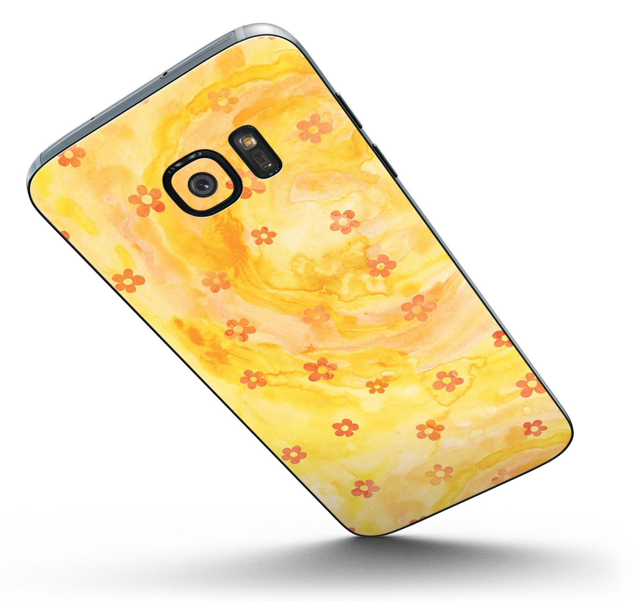 Cute Watercolor Flowers skin kit for Samsung Galaxy S7/S7 Edge, showcasing vibrant floral design on a yellow background.