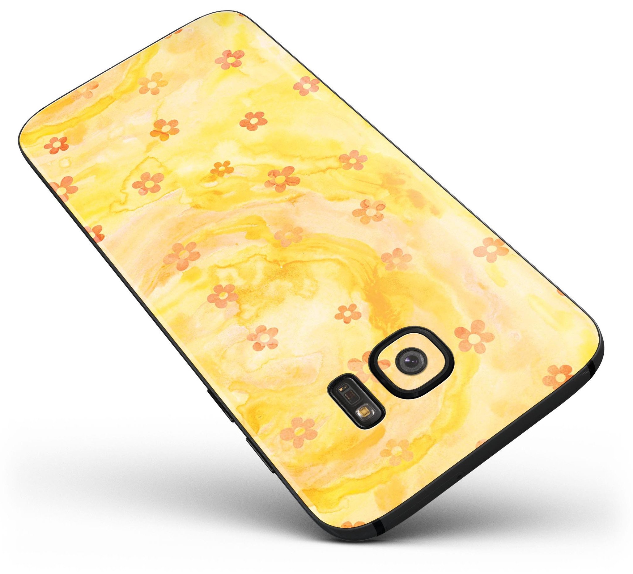 Cute Watercolor Flowers skin kit for Samsung Galaxy S7/S7 Edge, showcasing vibrant floral design on a yellow background.