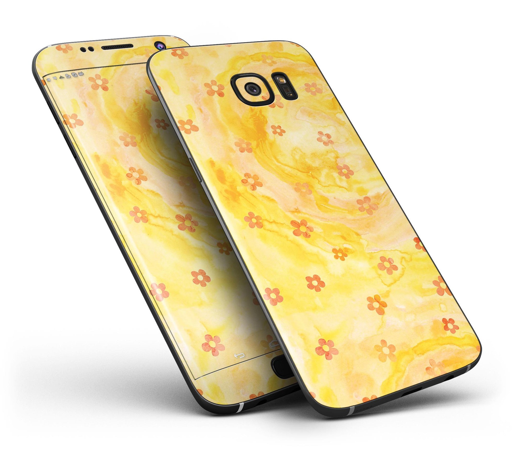 Cute Watercolor Flowers skin kit for Samsung Galaxy S7/S7 Edge, showcasing vibrant floral design on a yellow background.