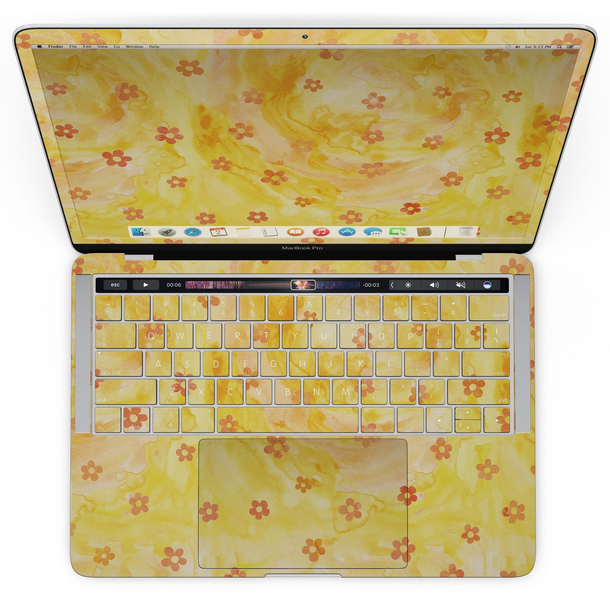 Cute Watercolor Flowers skin for MacBook Pro with Touch Bar, showcasing vibrant floral design on a yellow background.
