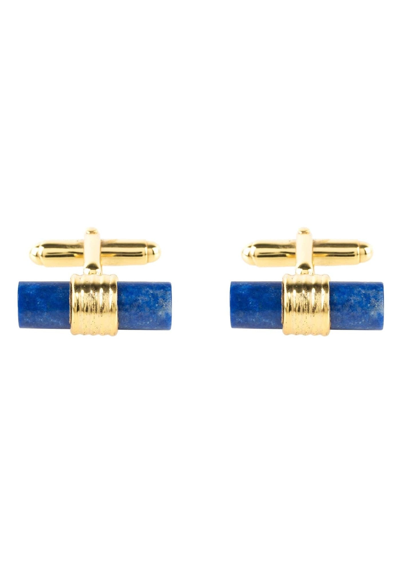 Elegant cylindrical cufflinks featuring gold and blue lapis lazuli, showcasing an art deco design.