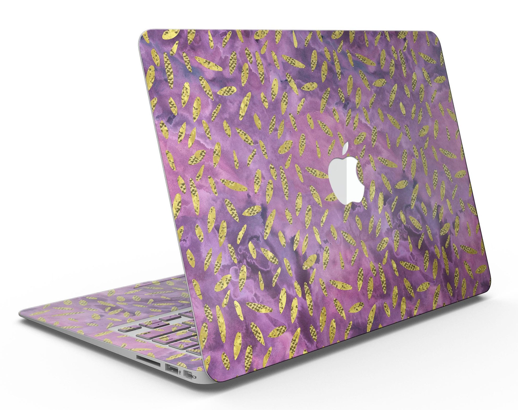 Daisy Pedals Over Purple Cloud Skin Kit for MacBook Air, showcasing vibrant floral design on premium vinyl.