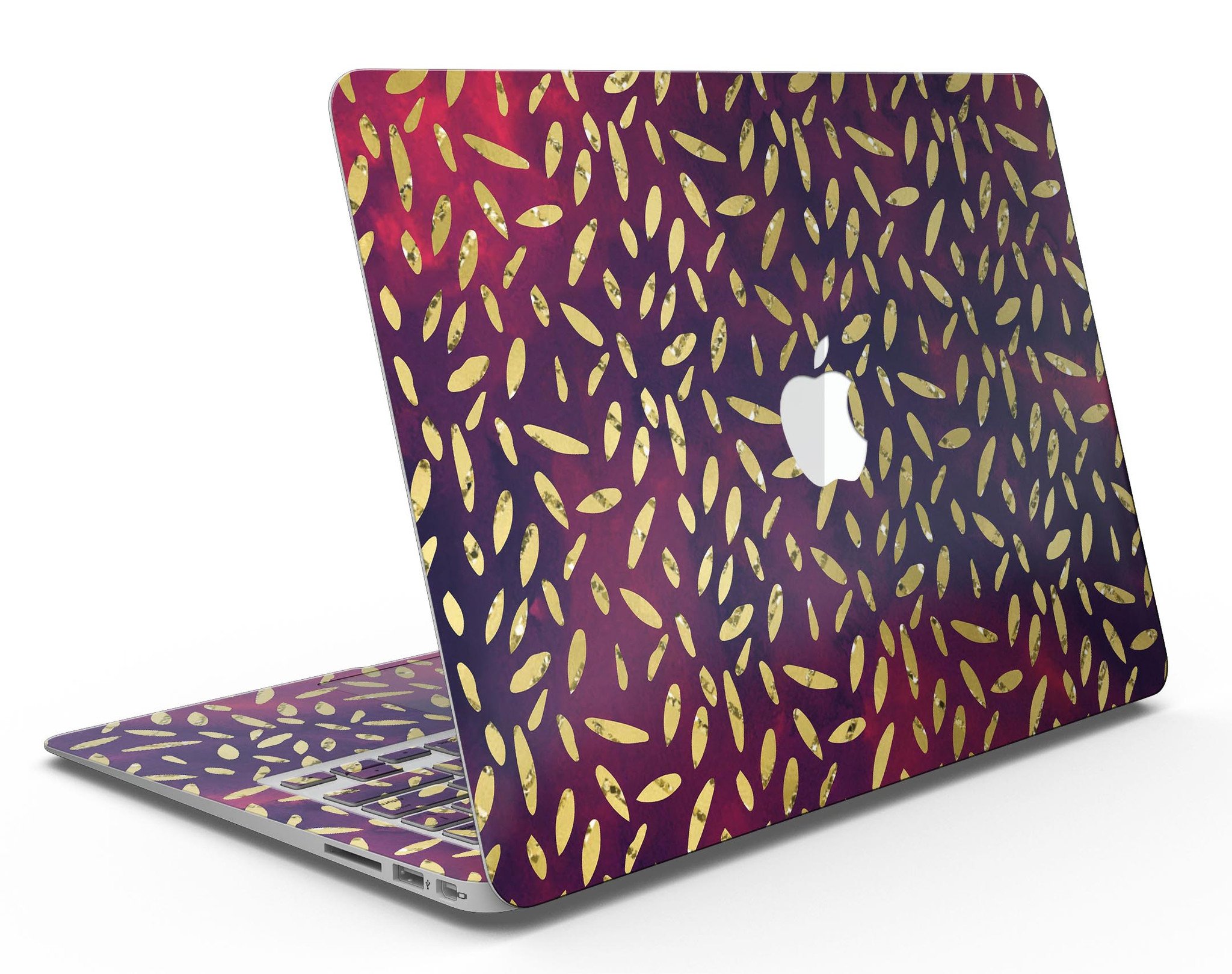 Daisy Pedals skin kit for MacBook Air featuring vibrant red and blue cloud design, showcasing stylish protection.