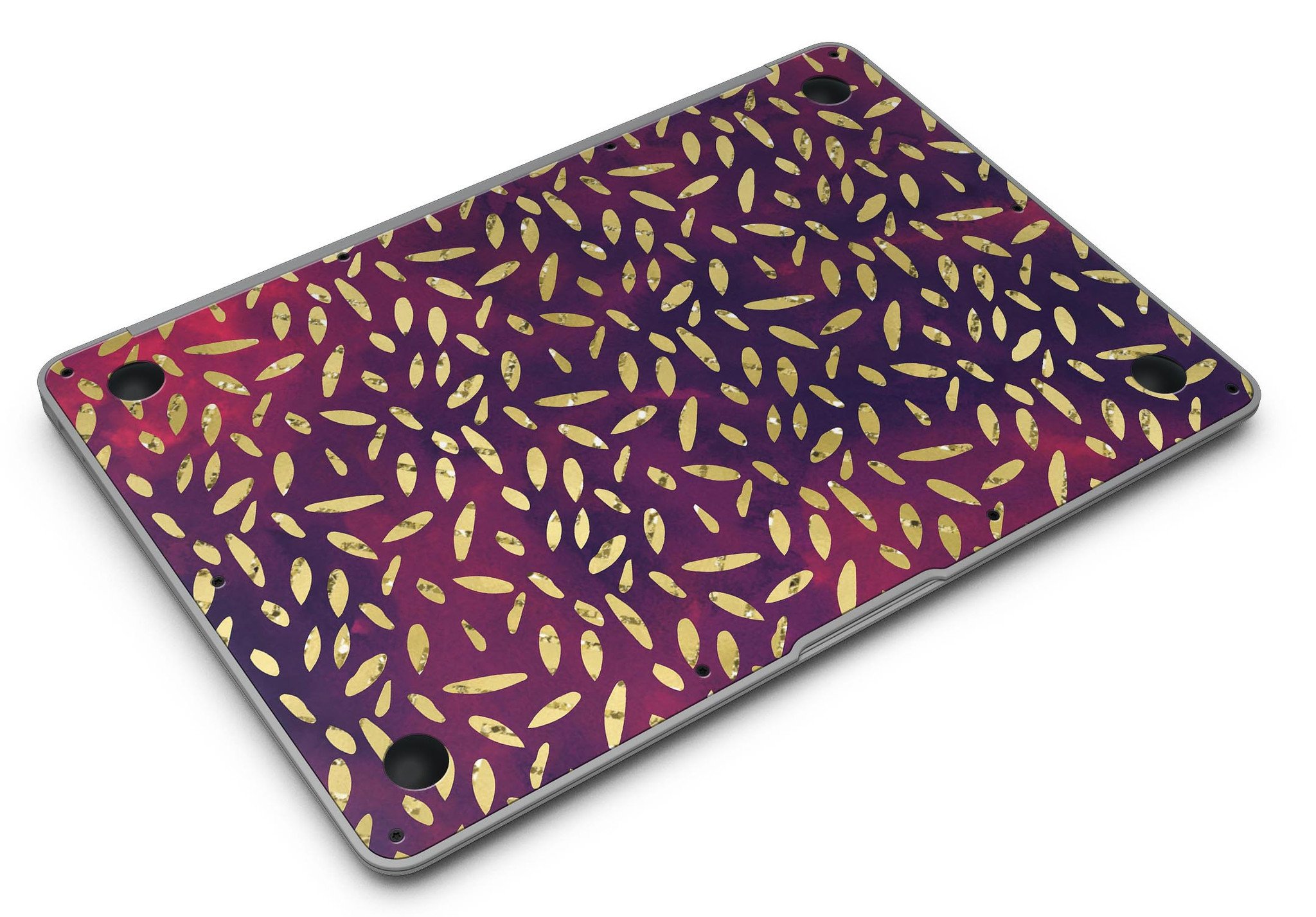 Daisy Pedals skin kit for MacBook Air featuring vibrant red and blue cloud design, showcasing stylish protection.
