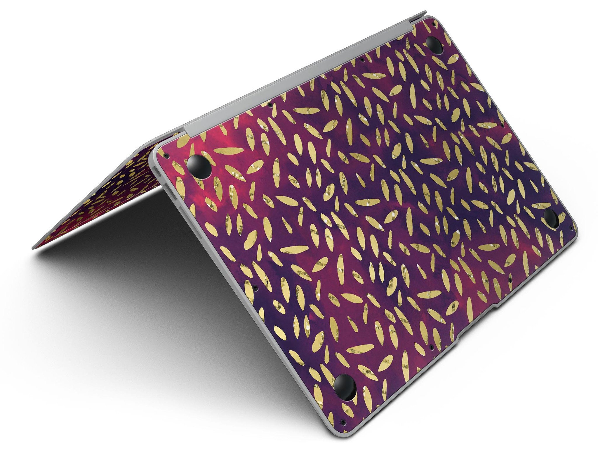 Daisy Pedals skin kit for MacBook Air featuring vibrant red and blue cloud design, showcasing stylish protection.