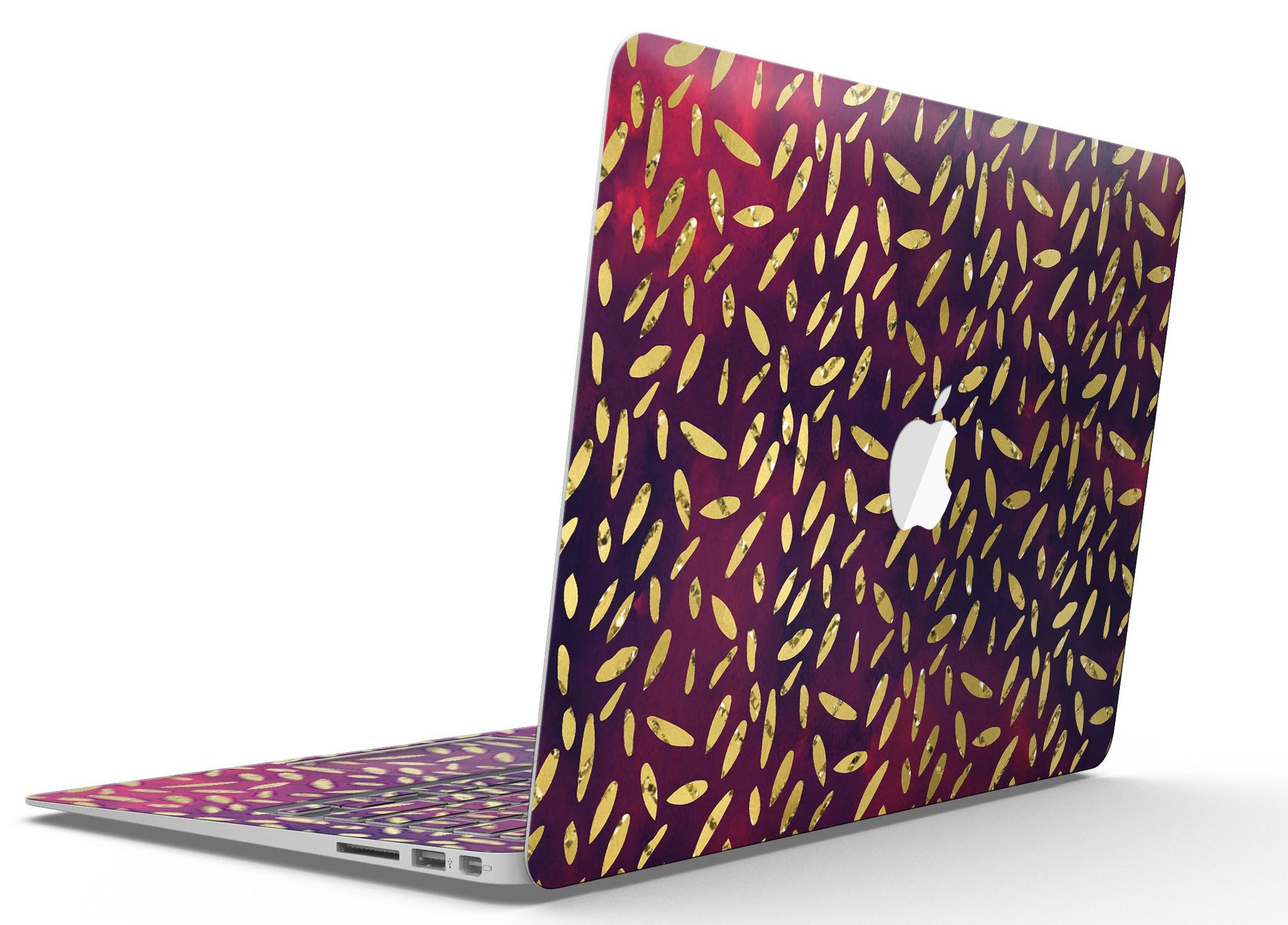 Daisy Pedals skin kit for MacBook Air featuring vibrant red and blue cloud design, showcasing stylish protection.