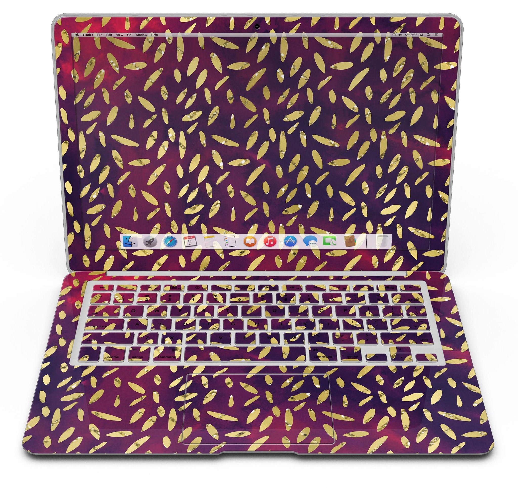 Daisy Pedals skin kit for MacBook Air featuring vibrant red and blue cloud design, showcasing stylish protection.