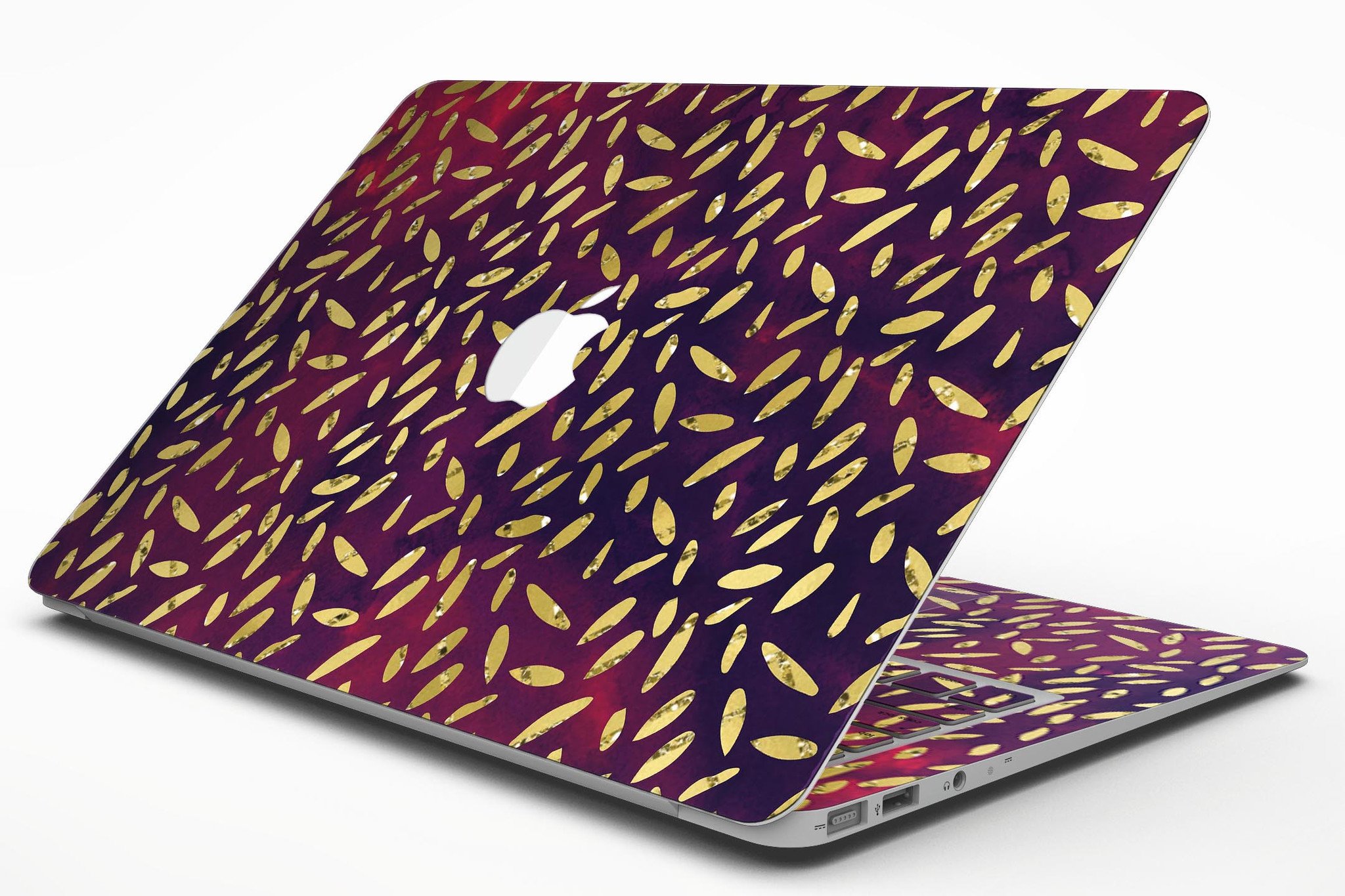 Daisy Pedals skin kit for MacBook Air featuring vibrant red and blue cloud design, showcasing stylish protection.