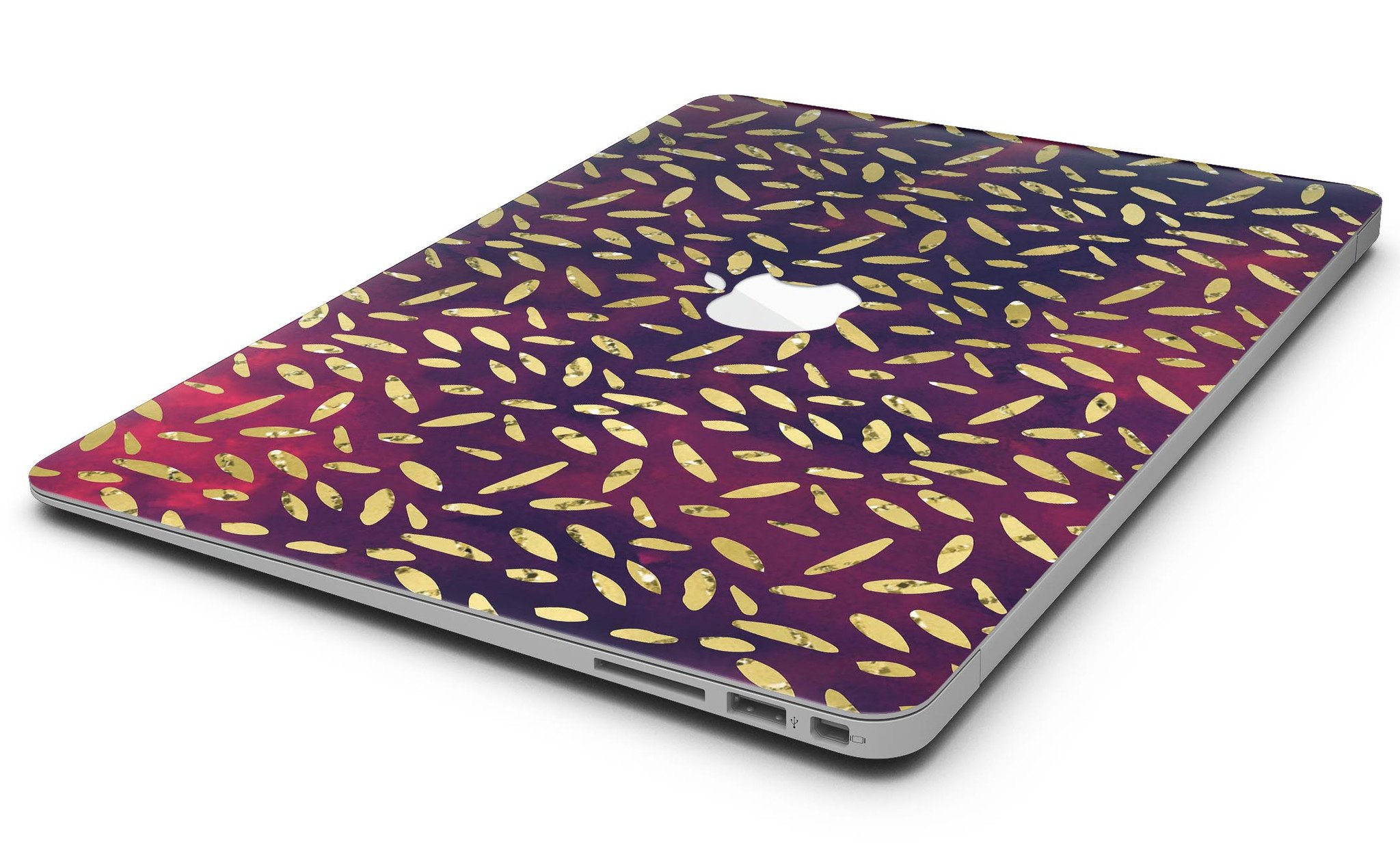 Daisy Pedals skin kit for MacBook Air featuring vibrant red and blue cloud design, showcasing stylish protection.