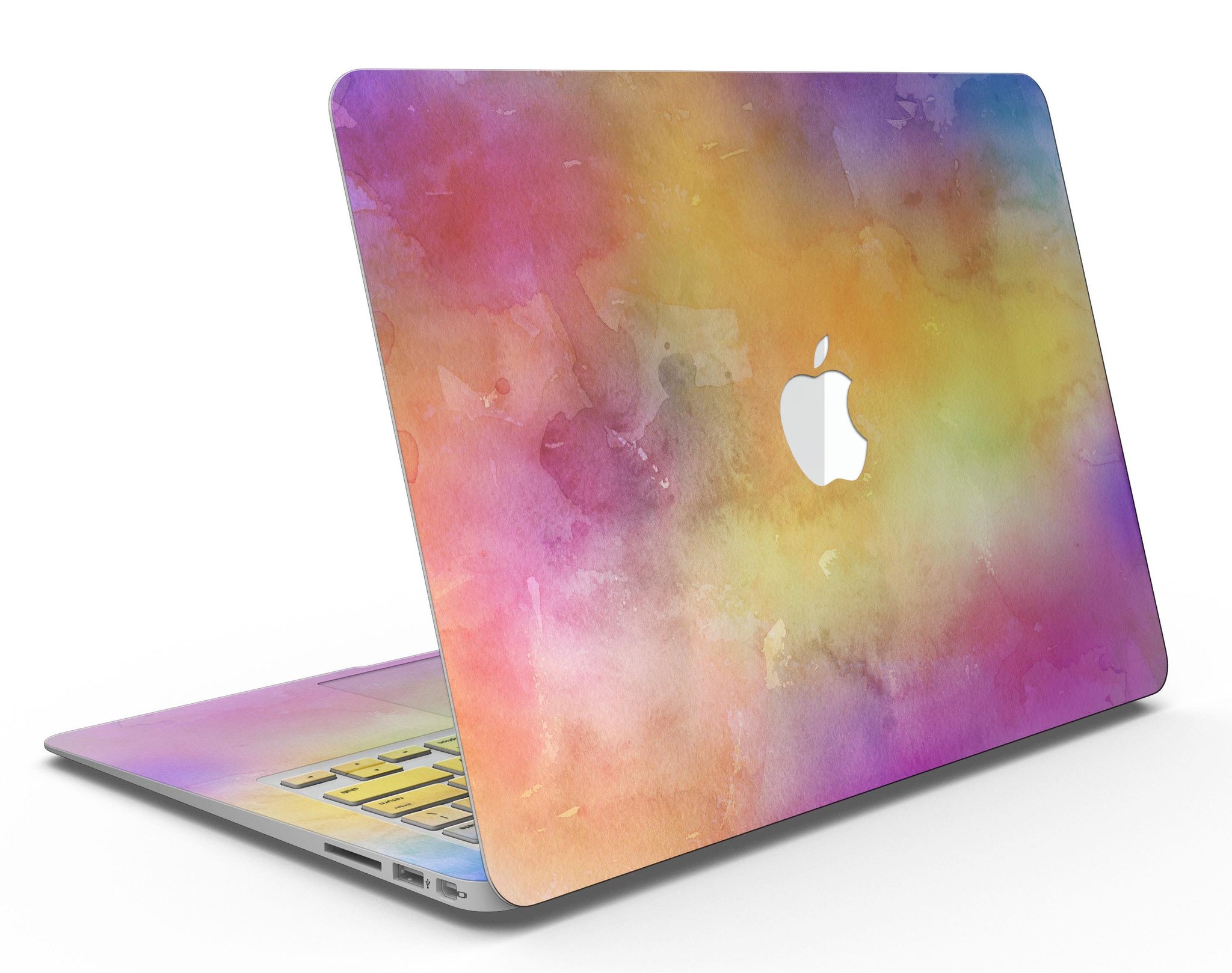 Dark 4 Absorbed Watercolor Texture skin applied to a MacBook Air, showcasing vibrant colors and a sleek design.