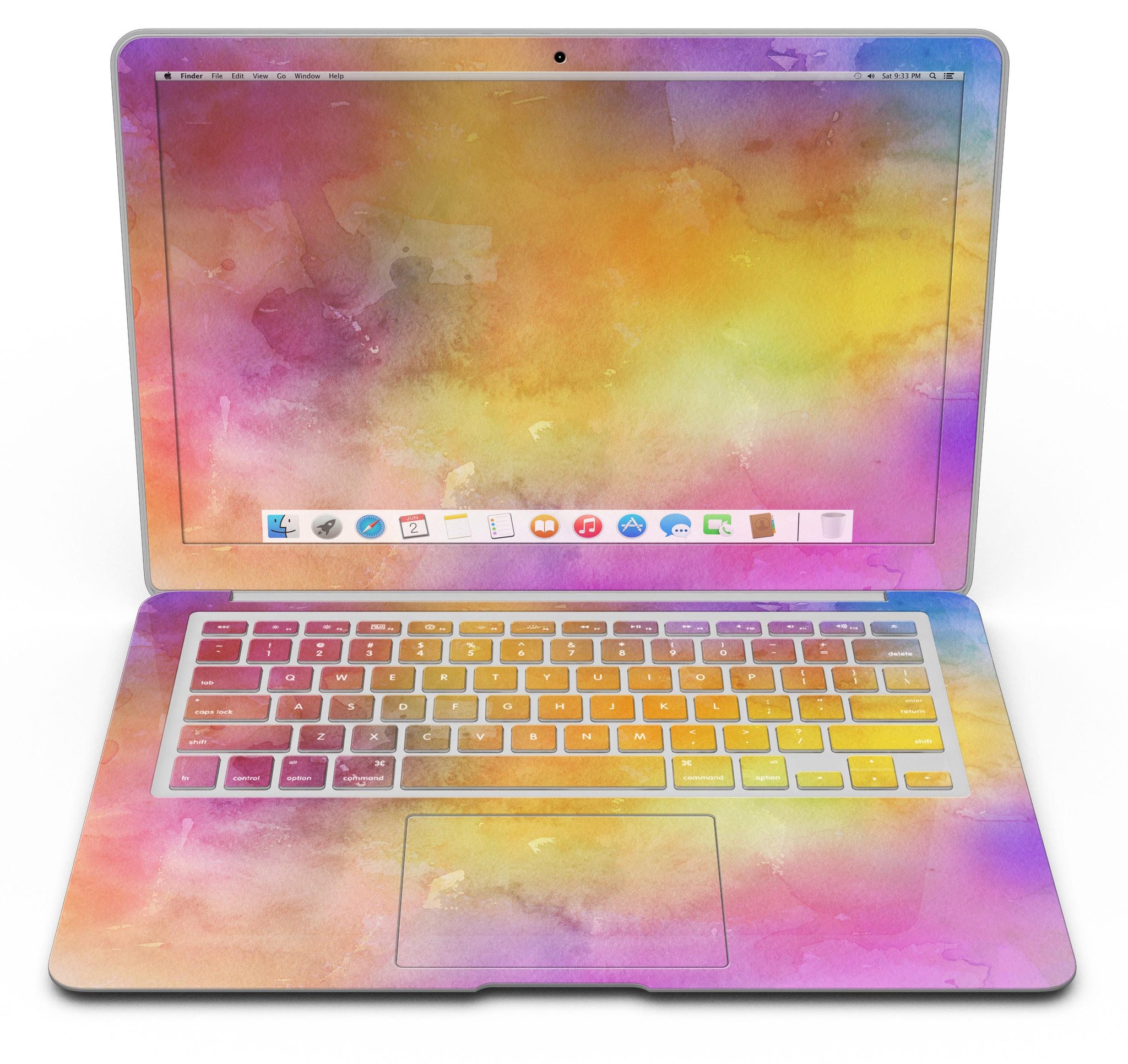 Dark 4 Absorbed Watercolor Texture skin applied to a MacBook Air, showcasing vibrant colors and a sleek design.