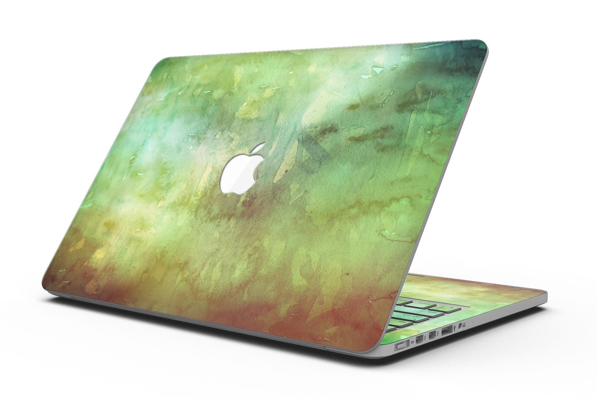 Dark 862 Absorbed Watercolor Texture skin applied to a MacBook Pro with Retina Display, showcasing vibrant colors and sleek design.