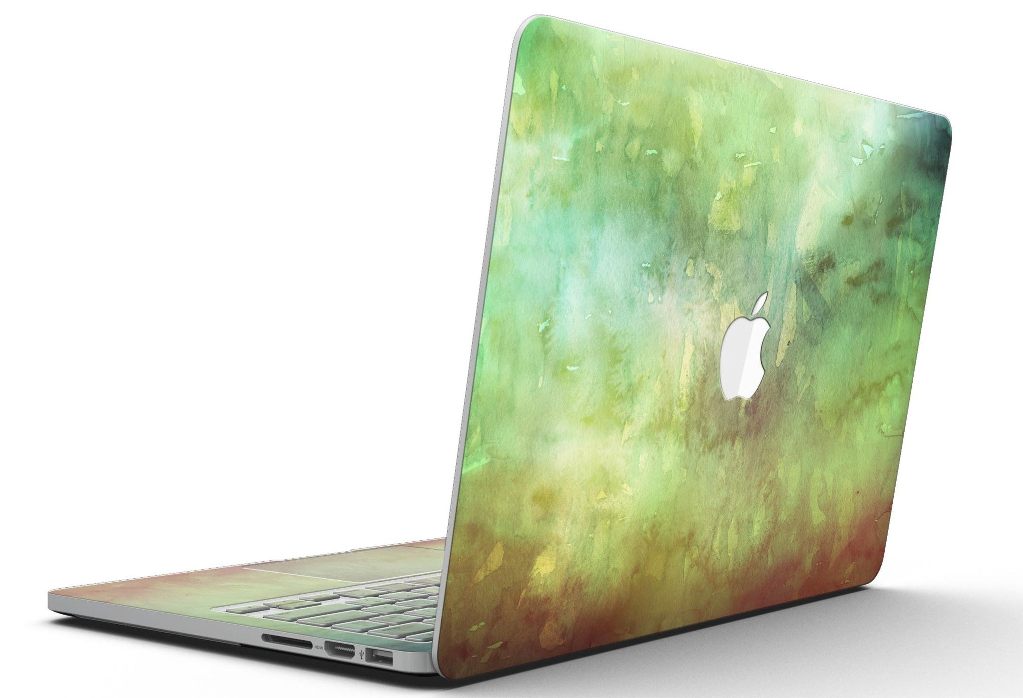 Dark 862 Absorbed Watercolor Texture skin applied to a MacBook Pro with Retina Display, showcasing vibrant colors and sleek design.