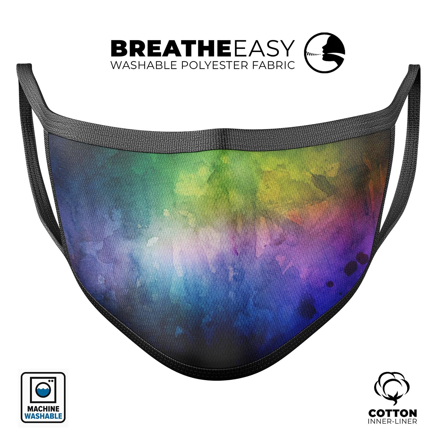 Dark 9711 Absorbed Watercolor Texture face mask, showcasing a vibrant watercolor design with adjustable ear loops.