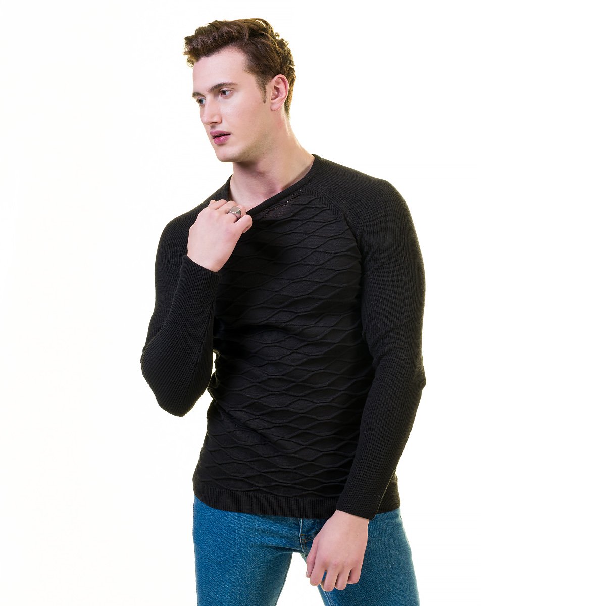 Dark black wool luxury zippered sweater jacket with a hoodie, designed for warmth and style, suitable for winter wear.