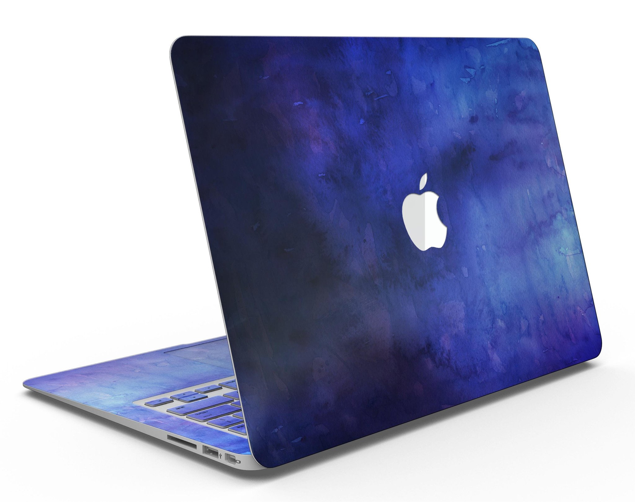 Dark blue watercolor texture skin kit for MacBook Air, showcasing vibrant colors and premium vinyl material.