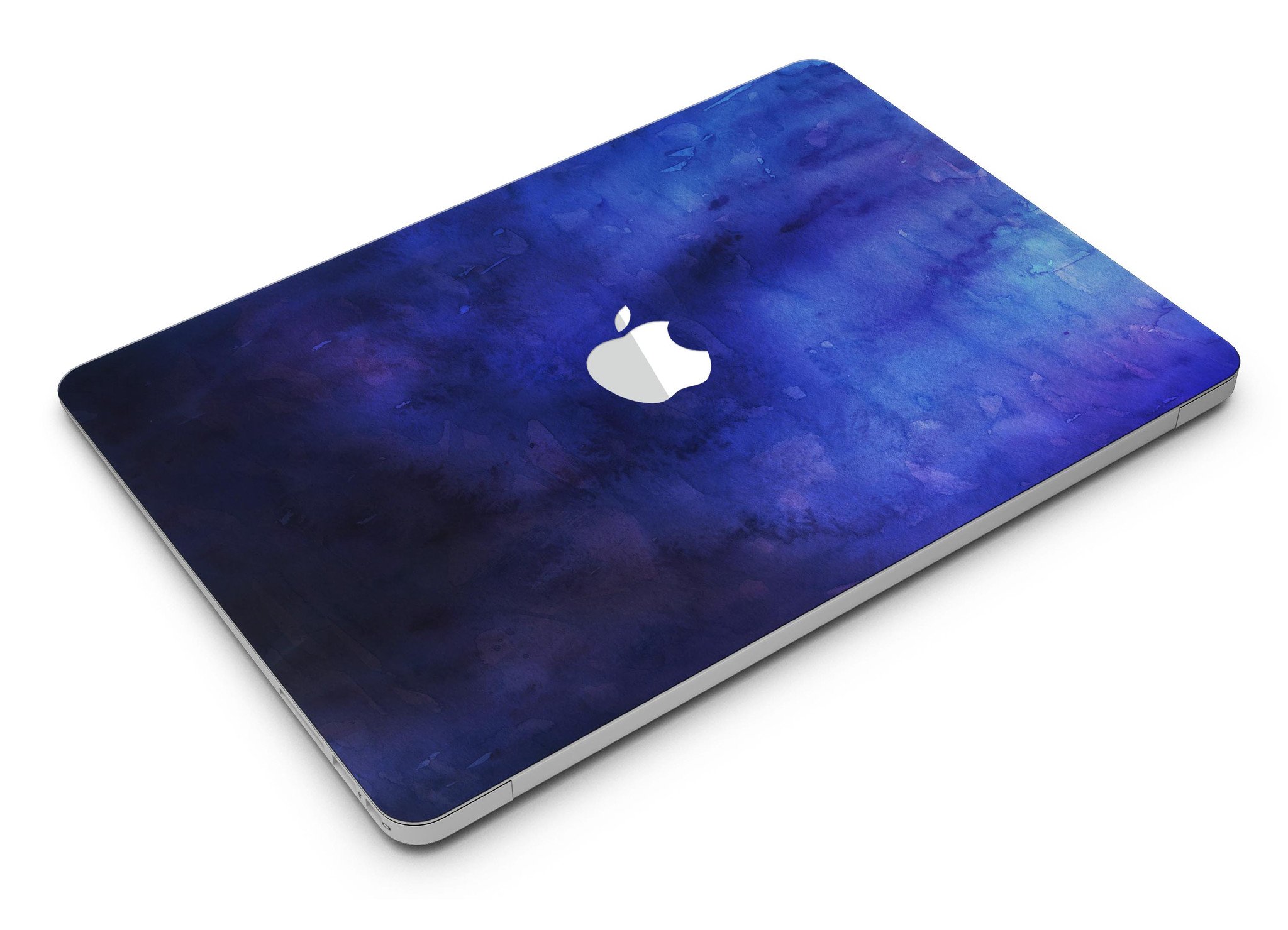 Dark blue watercolor texture skin kit for MacBook Air, showcasing vibrant colors and premium vinyl material.