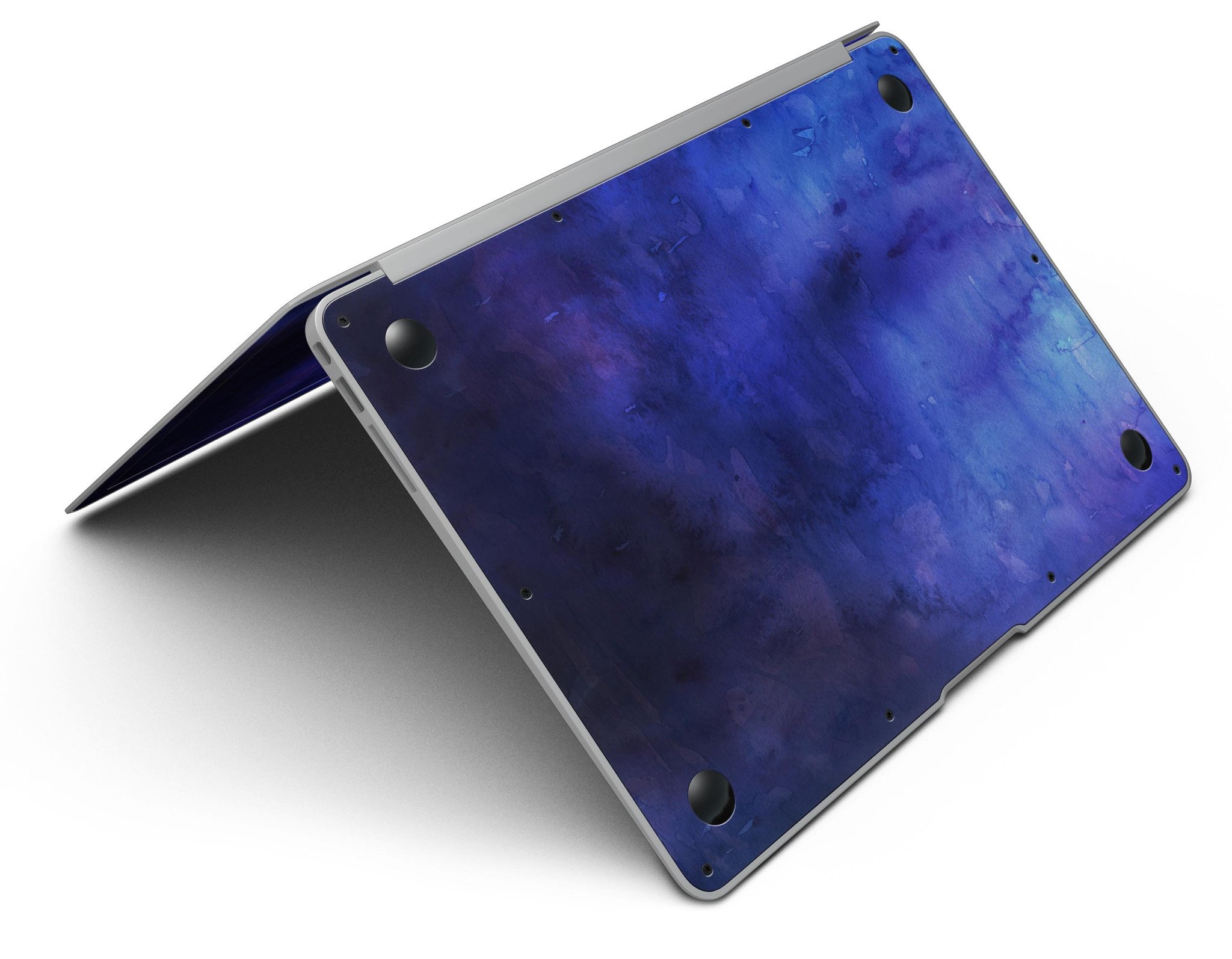 Dark blue watercolor texture skin kit for MacBook Air, showcasing vibrant colors and premium vinyl material.