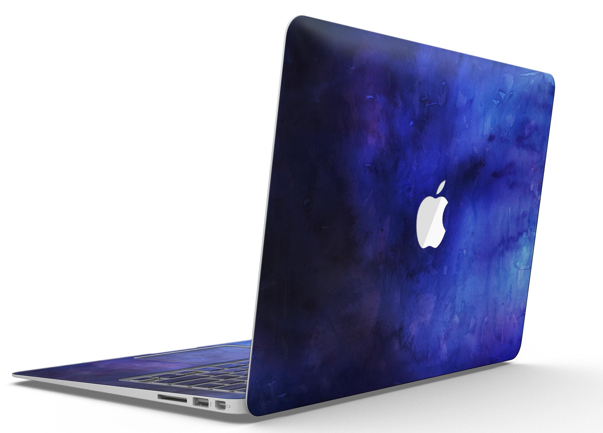 Dark blue watercolor texture skin kit for MacBook Air, showcasing vibrant colors and premium vinyl material.