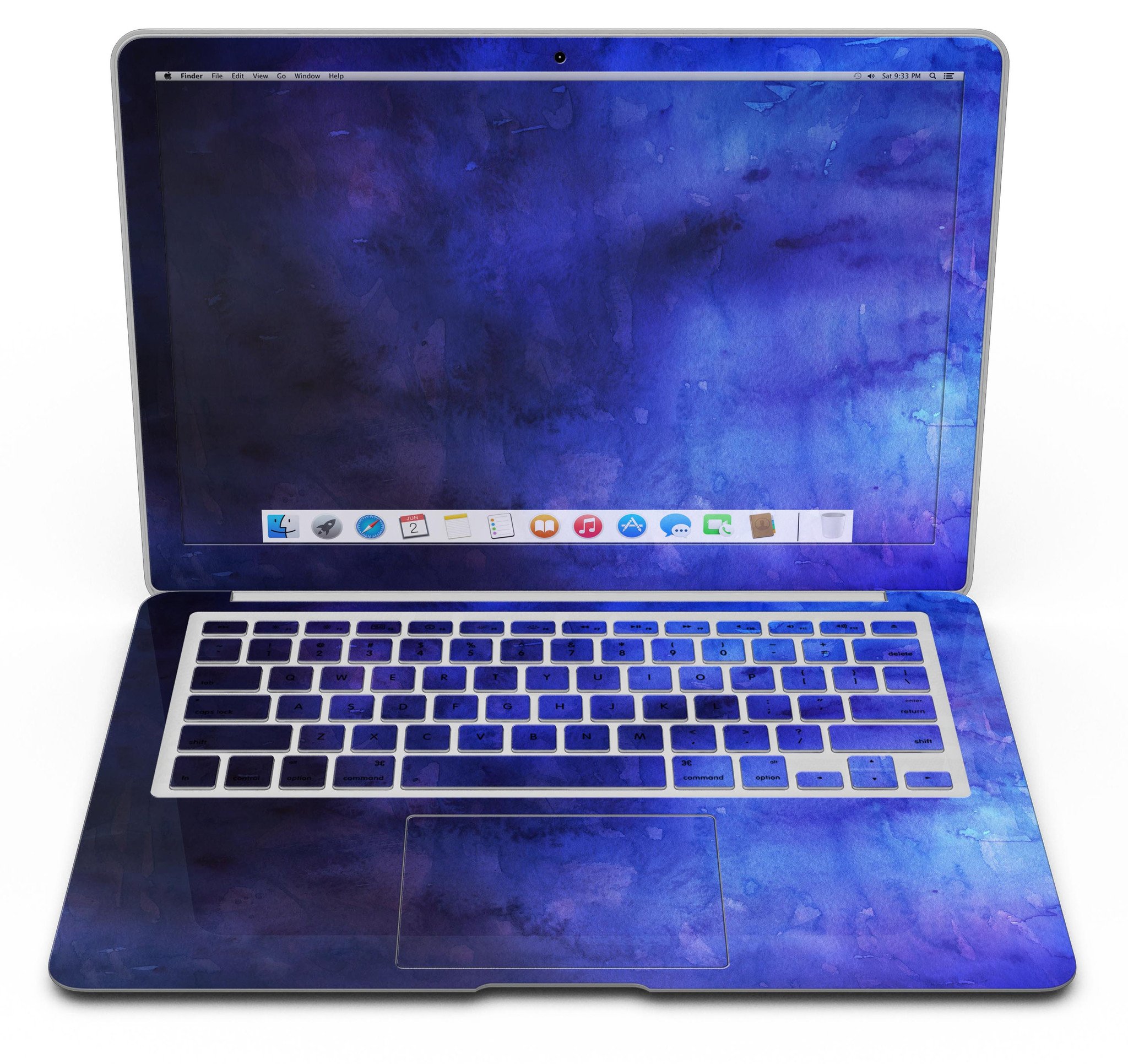 Dark blue watercolor texture skin kit for MacBook Air, showcasing vibrant colors and premium vinyl material.