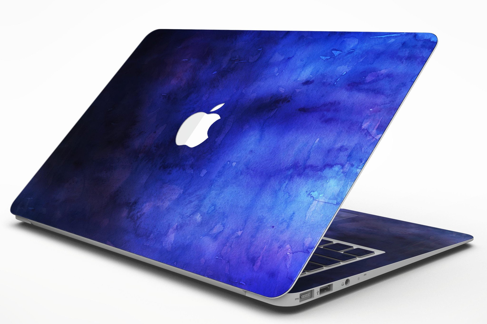Dark blue watercolor texture skin kit for MacBook Air, showcasing vibrant colors and premium vinyl material.