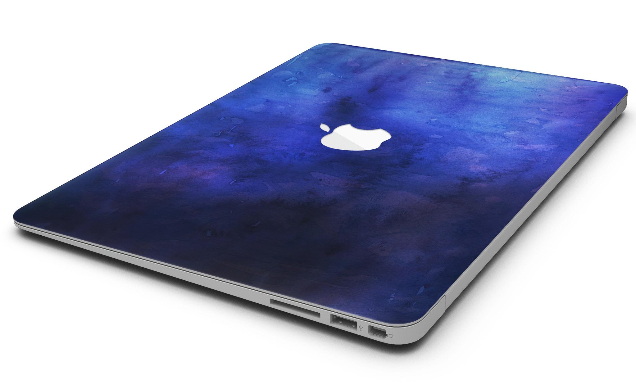Dark blue watercolor texture skin kit for MacBook Air, showcasing vibrant colors and premium vinyl material.
