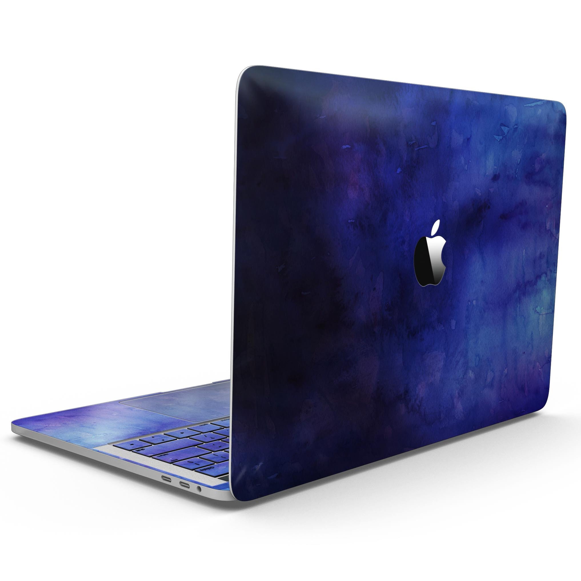 Dark blue watercolor texture skin for MacBook Pro with Touch Bar, showcasing vibrant colors and a sleek design.