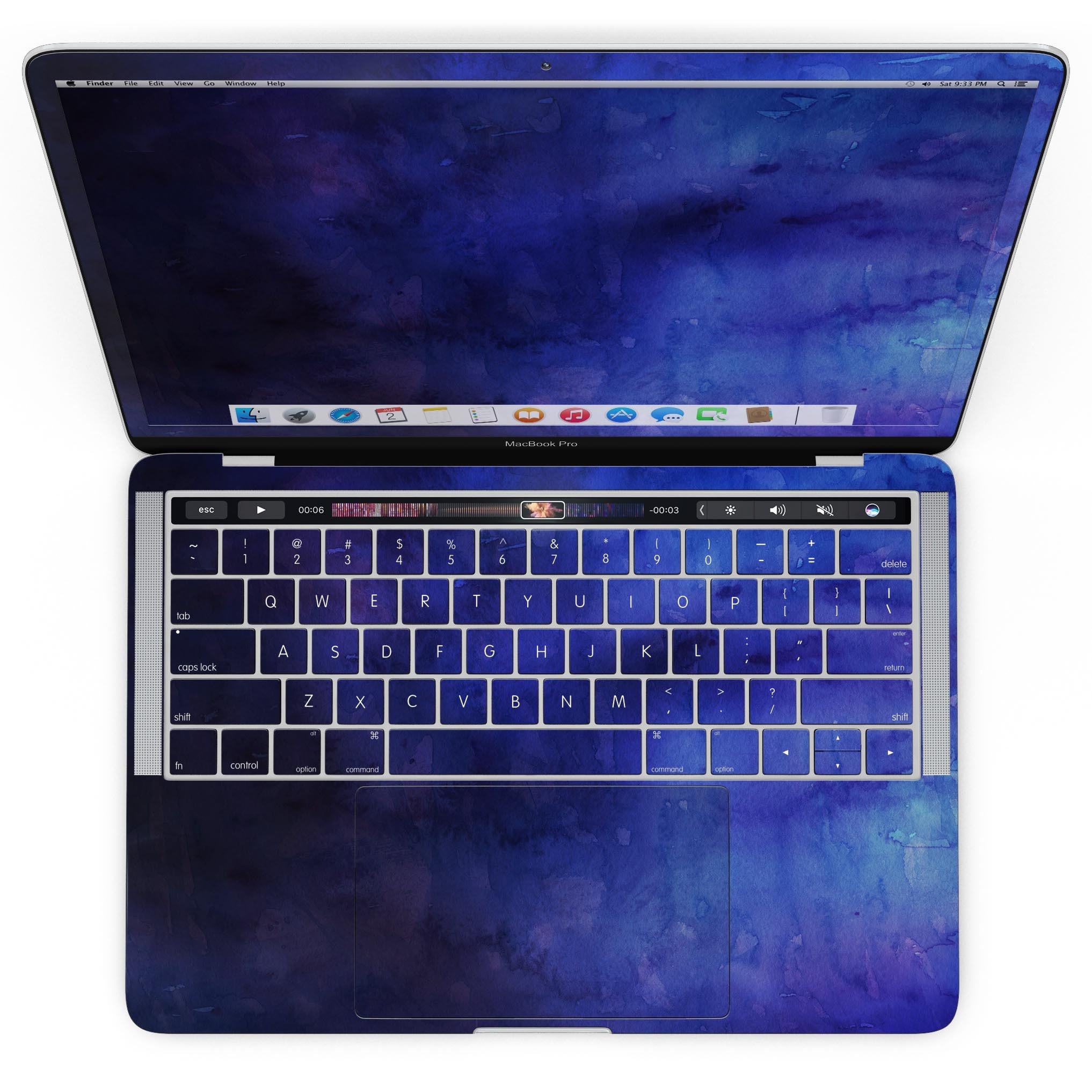 Dark blue watercolor texture skin for MacBook Pro with Touch Bar, showcasing vibrant colors and a sleek design.