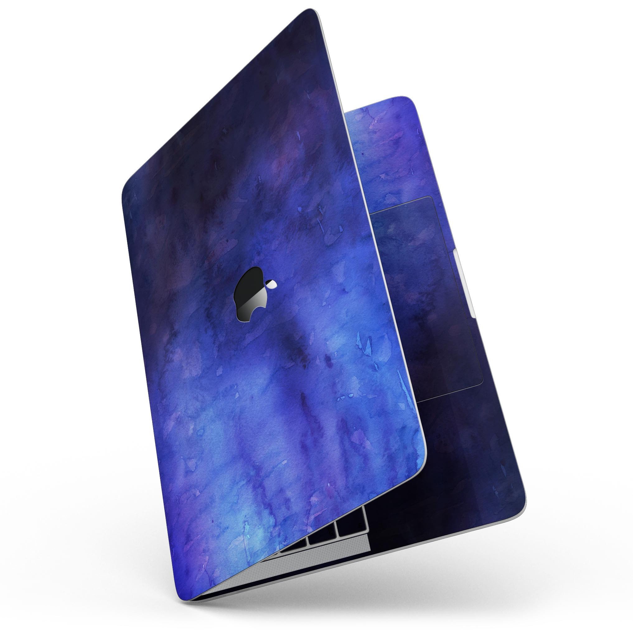 Dark blue watercolor texture skin for MacBook Pro with Touch Bar, showcasing vibrant colors and a sleek design.