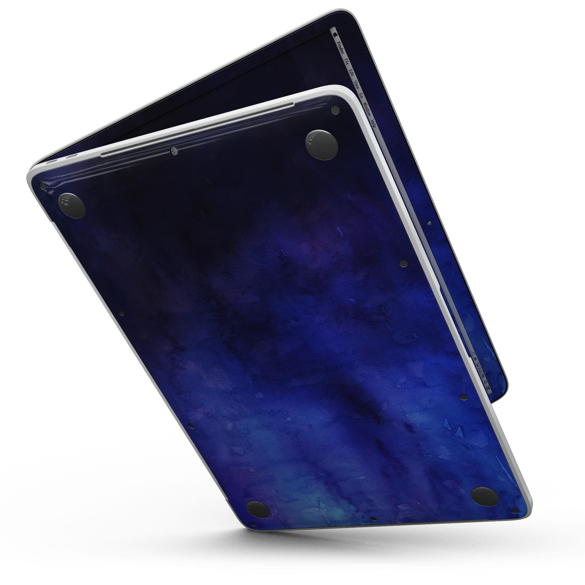 Dark blue watercolor texture skin for MacBook Pro with Touch Bar, showcasing vibrant colors and a sleek design.