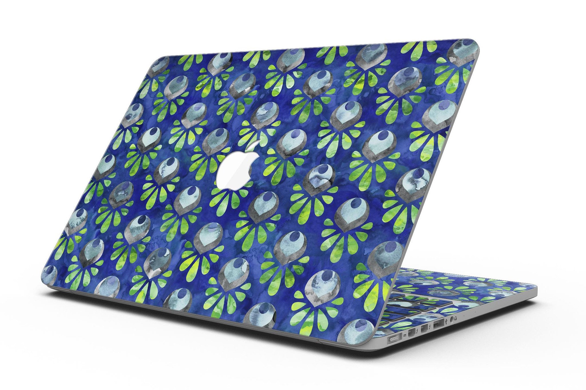 Dark blue and green watercolor peacock feathers skin for MacBook Pro, showcasing vibrant colors and intricate feather patterns.