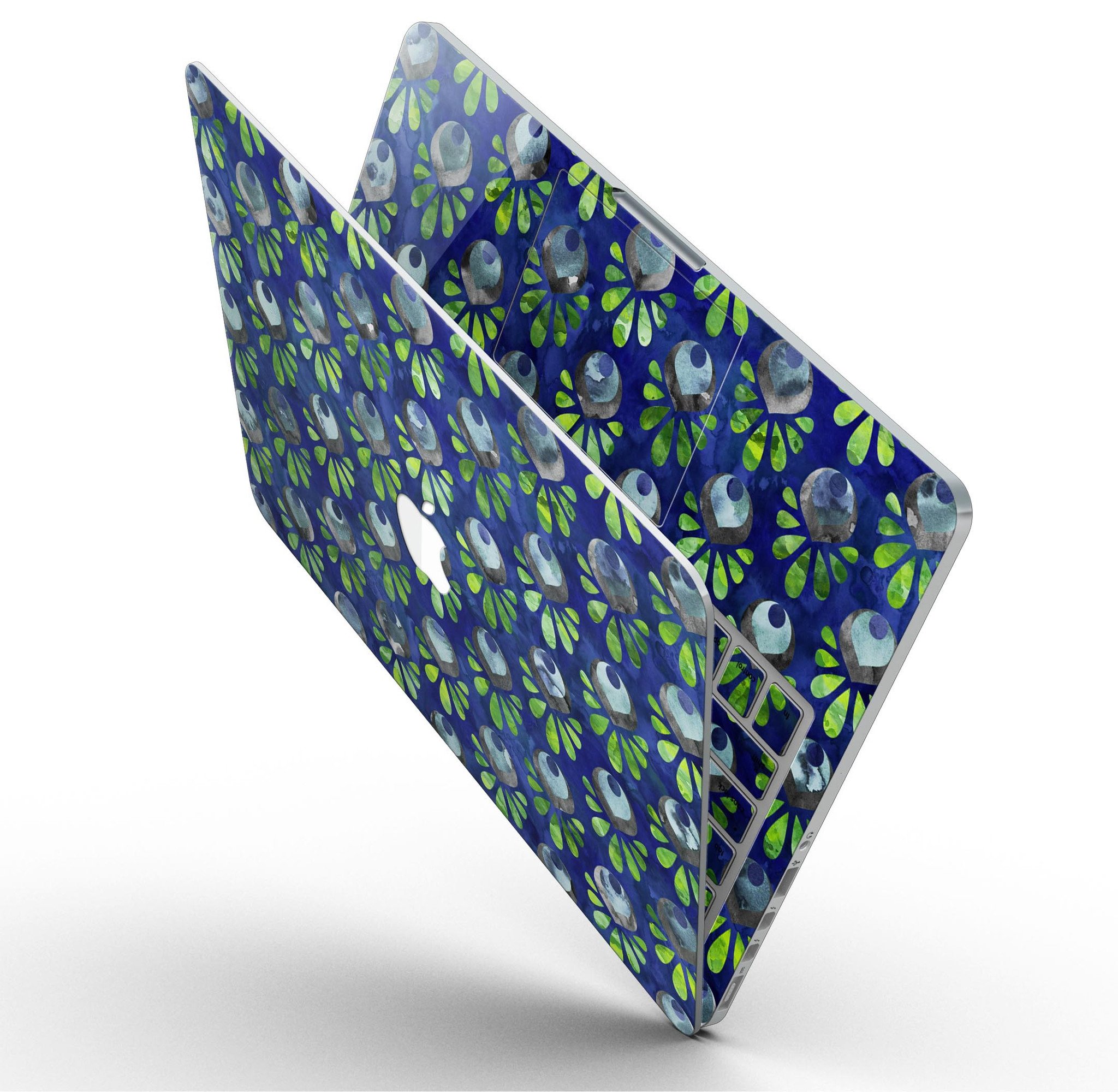 Dark blue and green watercolor peacock feathers skin for MacBook Pro, showcasing vibrant colors and intricate feather patterns.