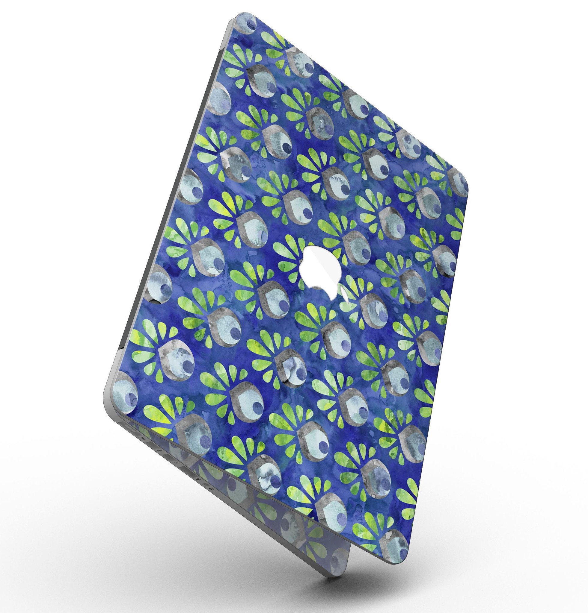 Dark blue and green watercolor peacock feathers skin for MacBook Pro, showcasing vibrant colors and intricate feather patterns.