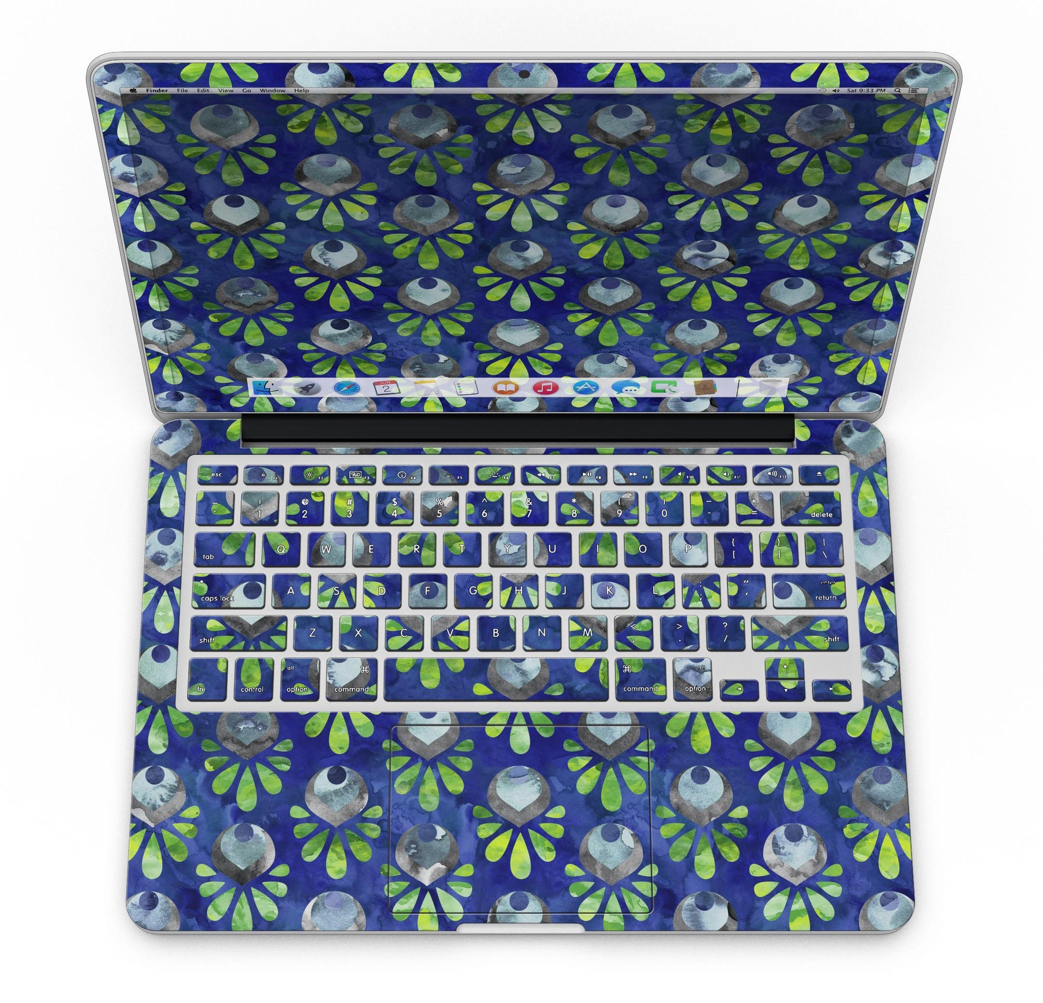 Dark blue and green watercolor peacock feathers skin for MacBook Pro, showcasing vibrant colors and intricate feather patterns.