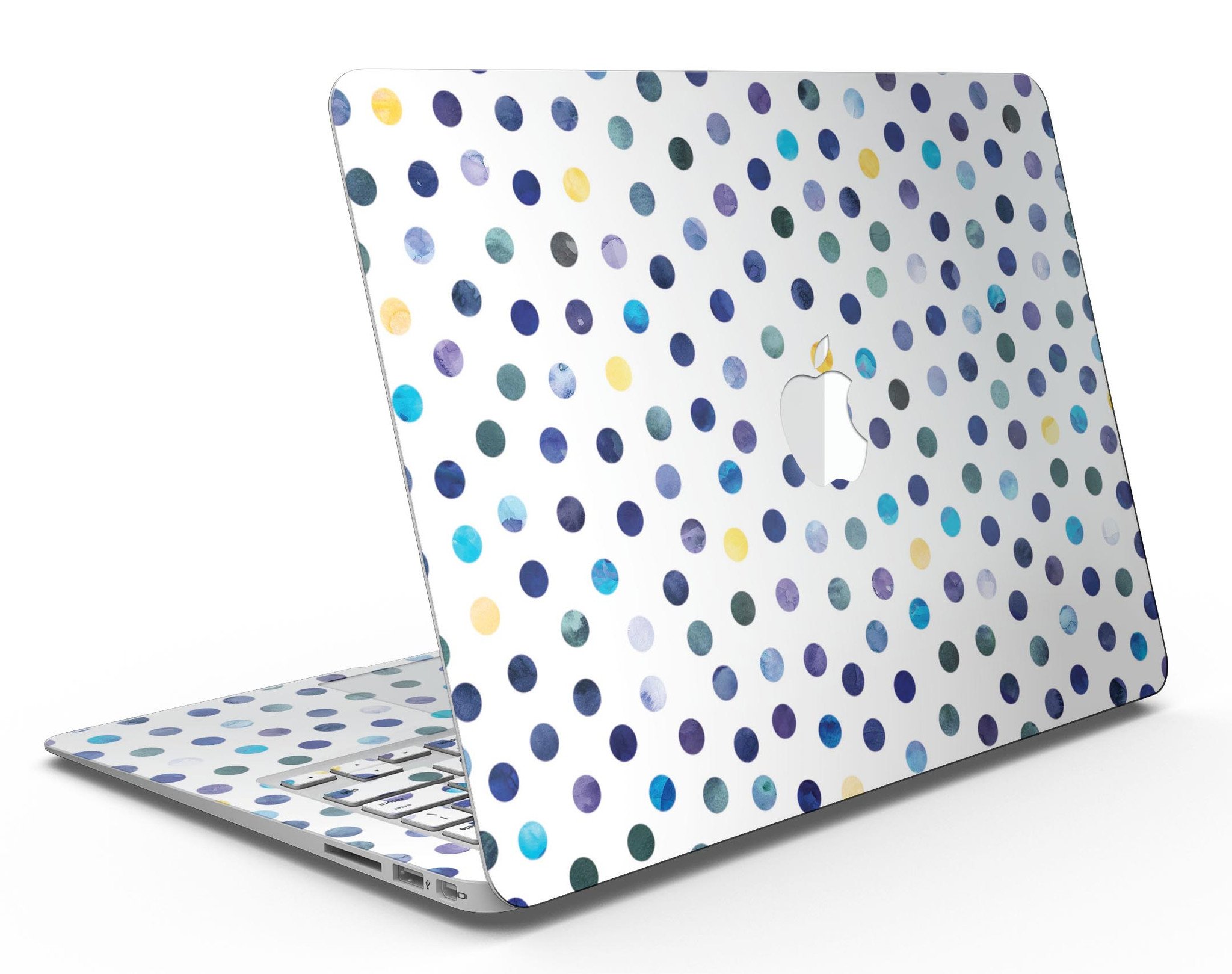 Dark blue and yellow watercolor dots skin for MacBook Air, showcasing vibrant colors on a white background.