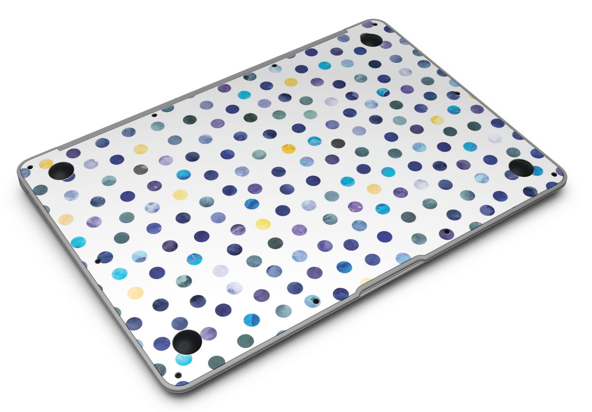Dark blue and yellow watercolor dots skin for MacBook Air, showcasing vibrant colors on a white background.