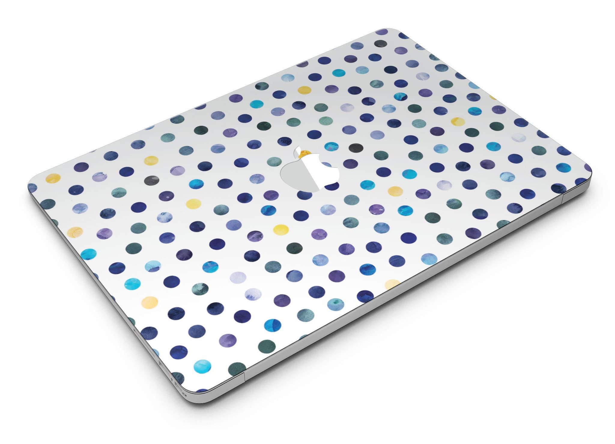 Dark blue and yellow watercolor dots skin for MacBook Air, showcasing vibrant colors on a white background.