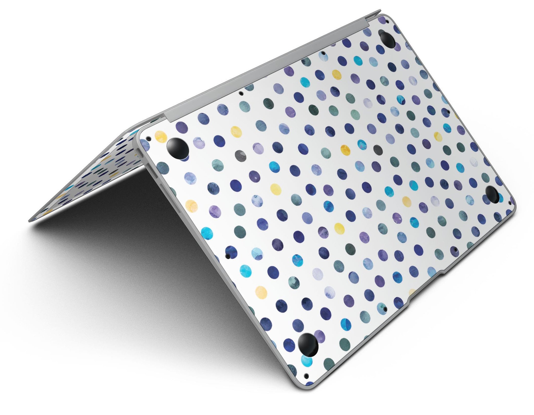 Dark blue and yellow watercolor dots skin for MacBook Air, showcasing vibrant colors on a white background.