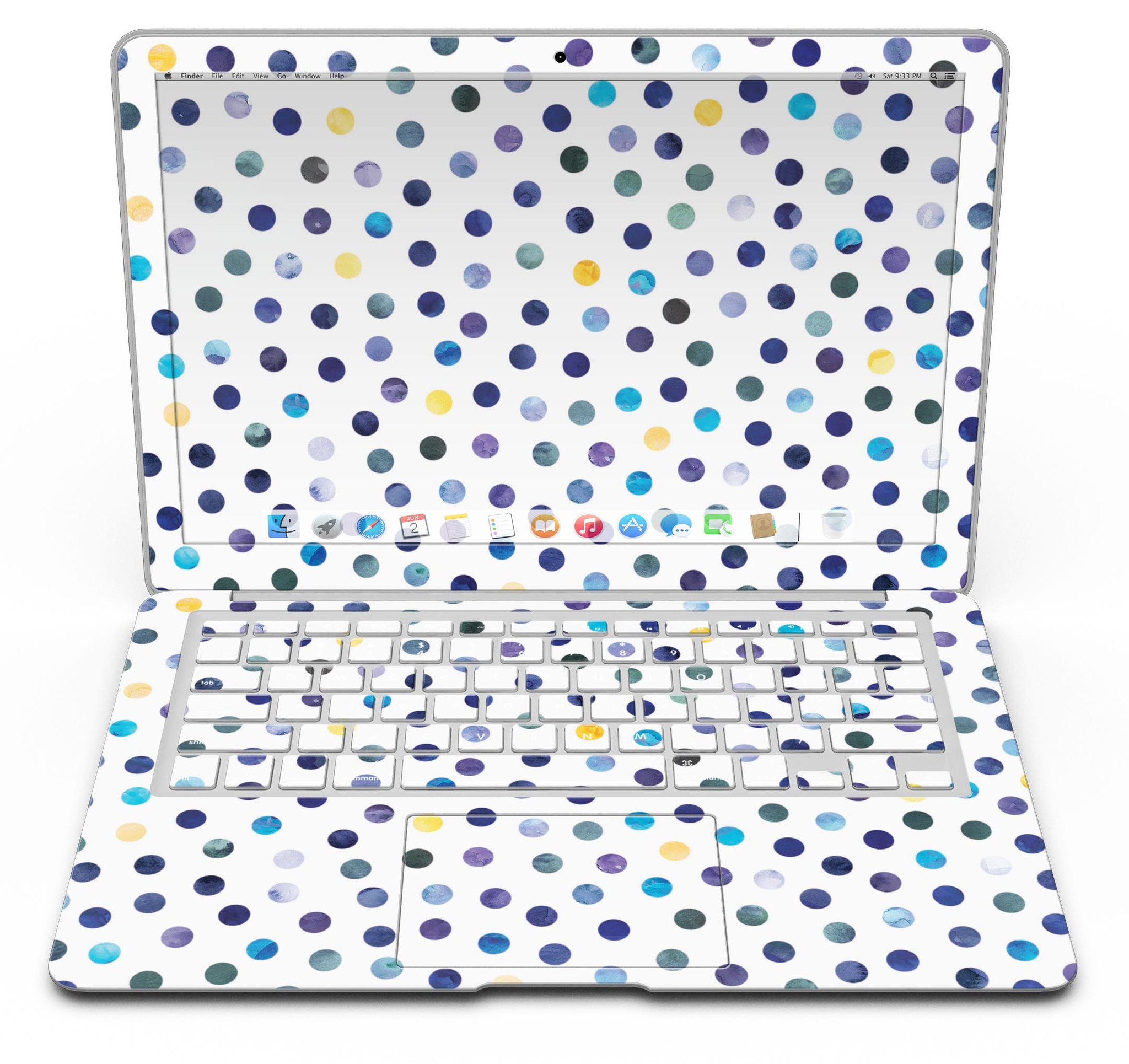 Dark blue and yellow watercolor dots skin for MacBook Air, showcasing vibrant colors on a white background.