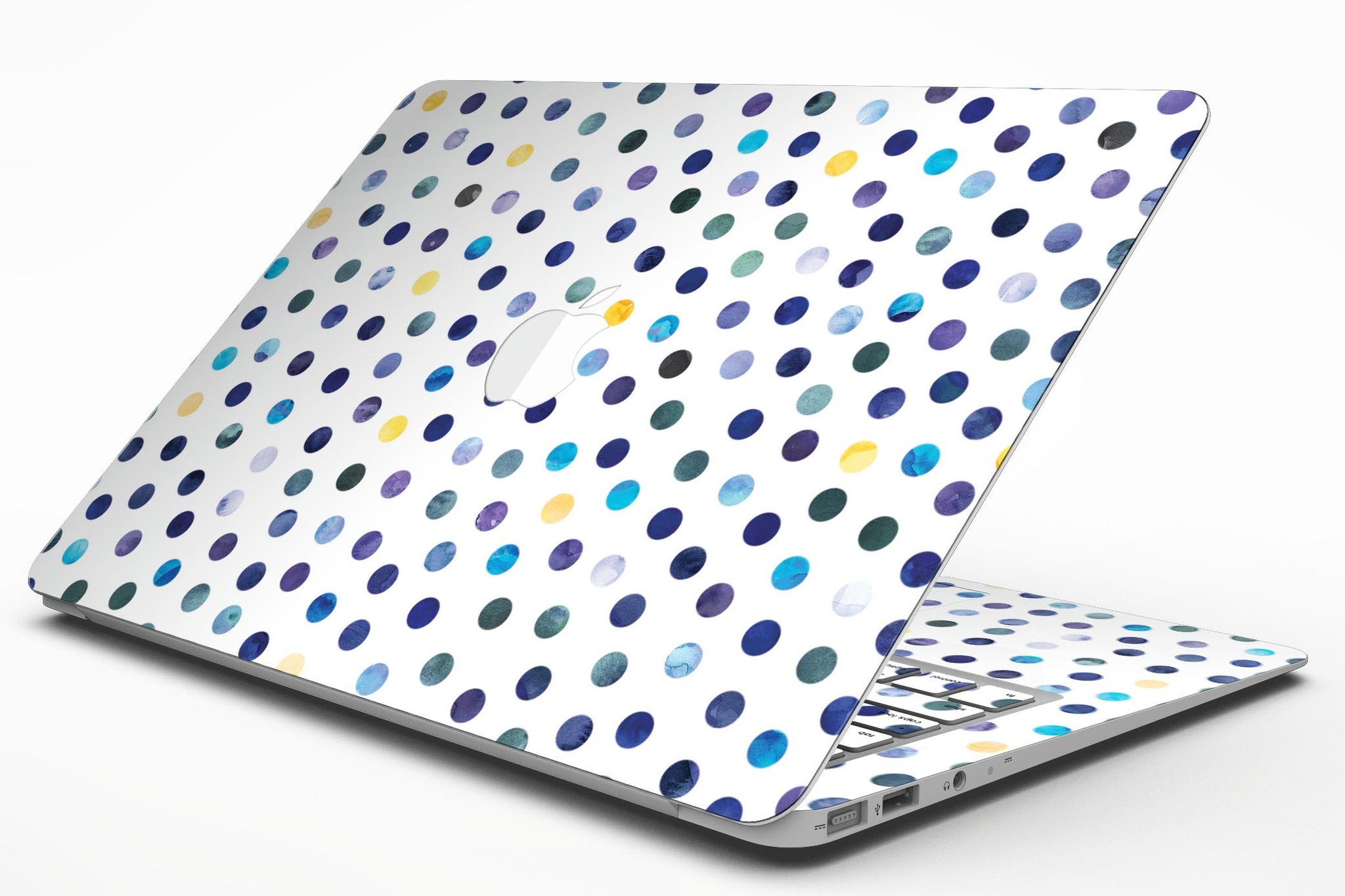 Dark blue and yellow watercolor dots skin for MacBook Air, showcasing vibrant colors on a white background.