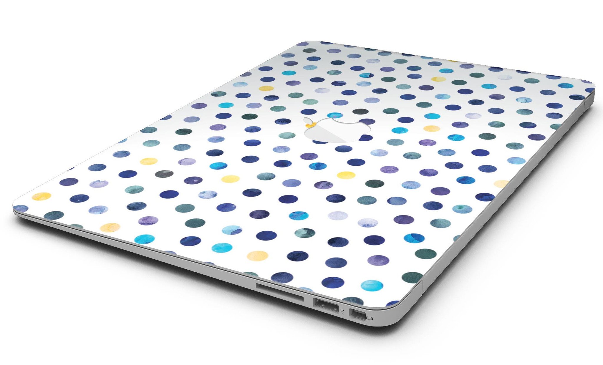 Dark blue and yellow watercolor dots skin for MacBook Air, showcasing vibrant colors on a white background.