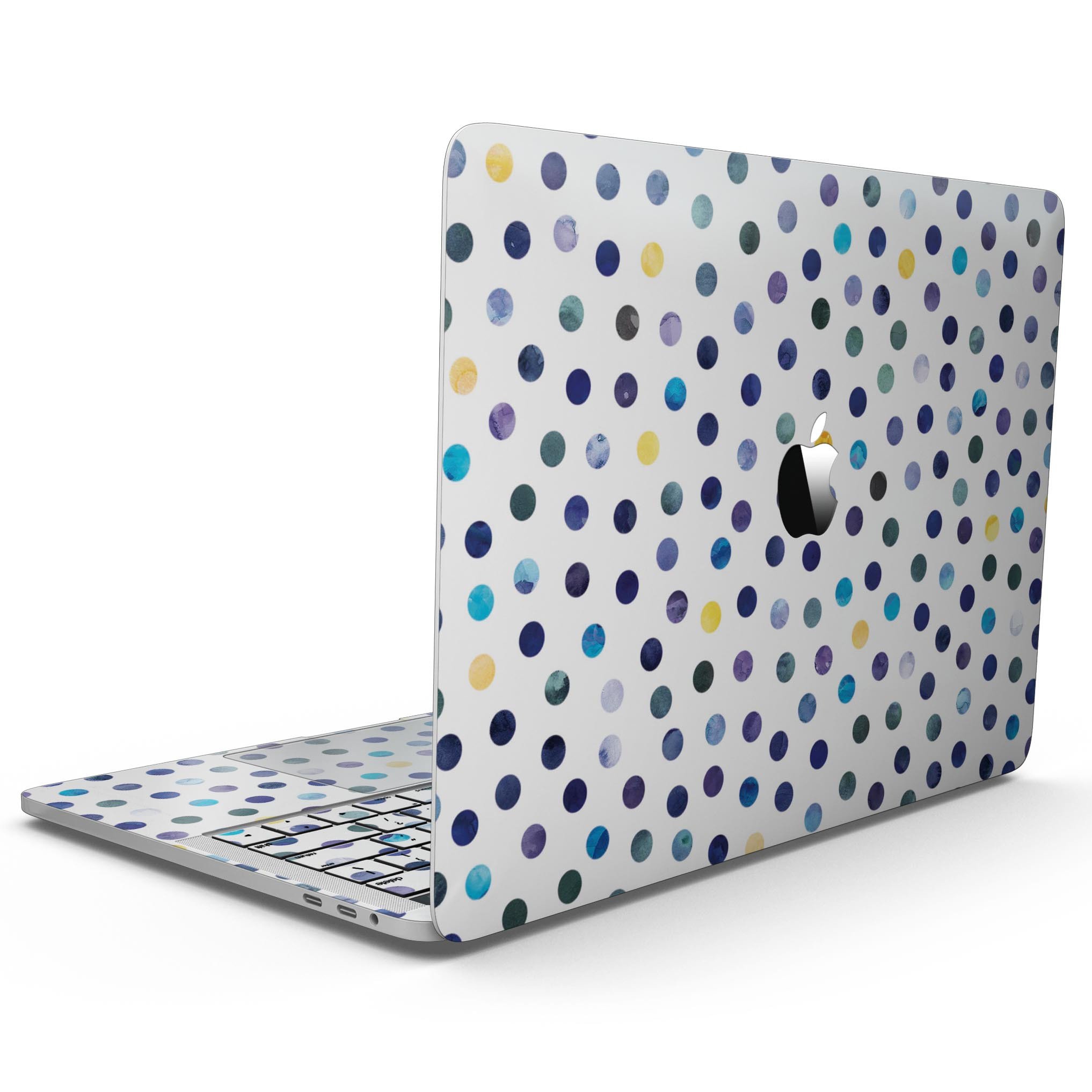 Dark Blue and Yellow Watercolor Dots skin for MacBook Pro, showcasing vibrant colors and a stylish design.