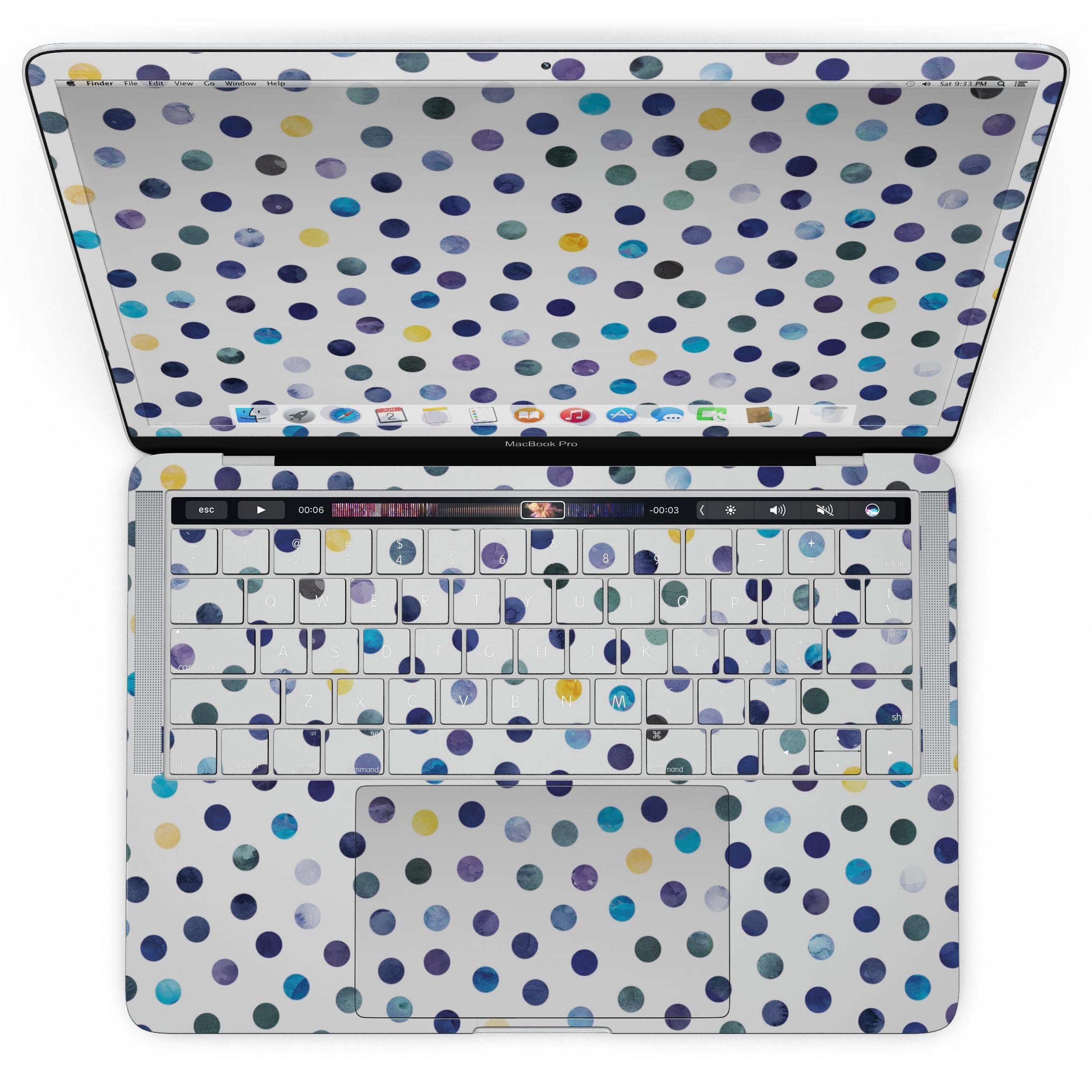 Dark Blue and Yellow Watercolor Dots skin for MacBook Pro, showcasing vibrant colors and a stylish design.