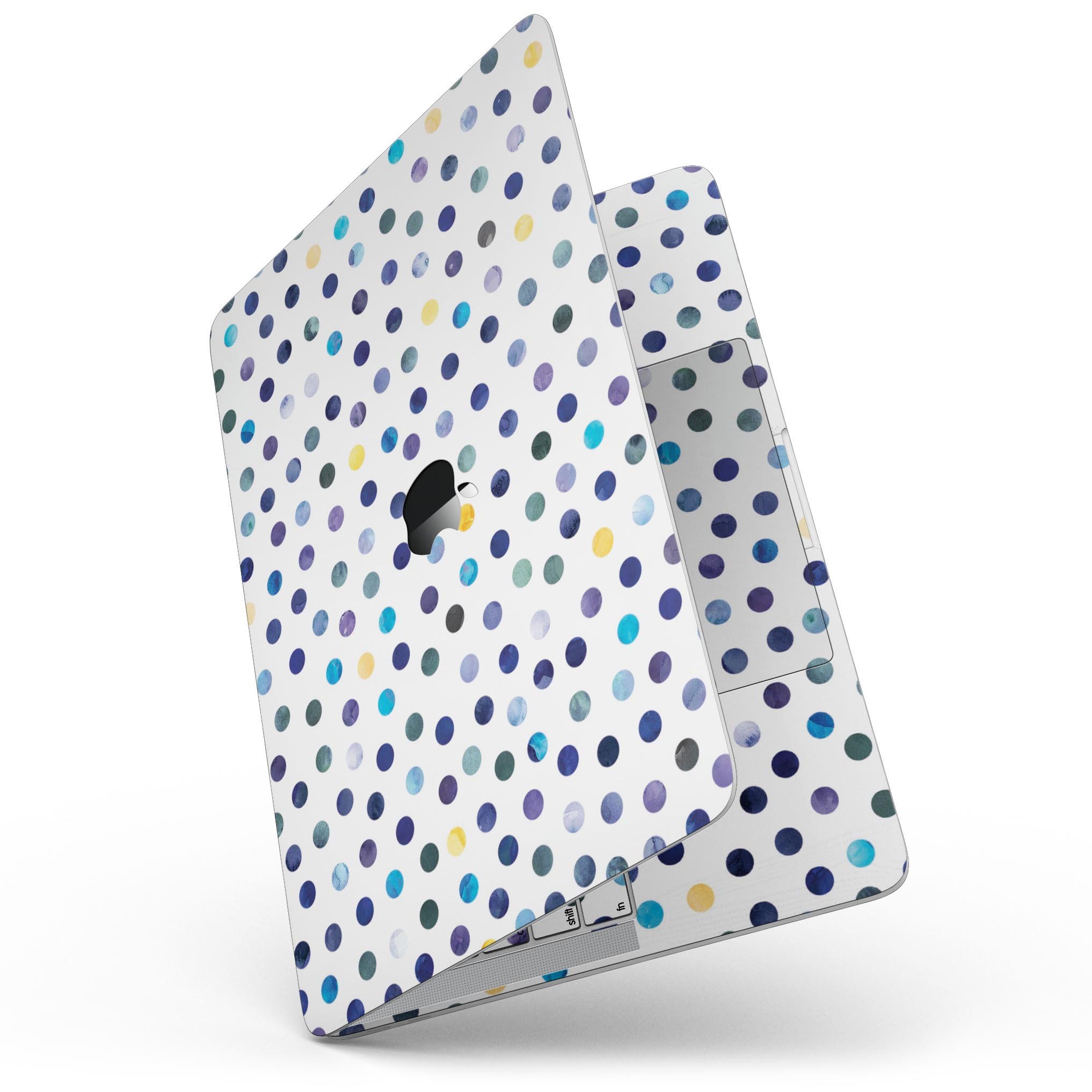 Dark Blue and Yellow Watercolor Dots skin for MacBook Pro, showcasing vibrant colors and a stylish design.