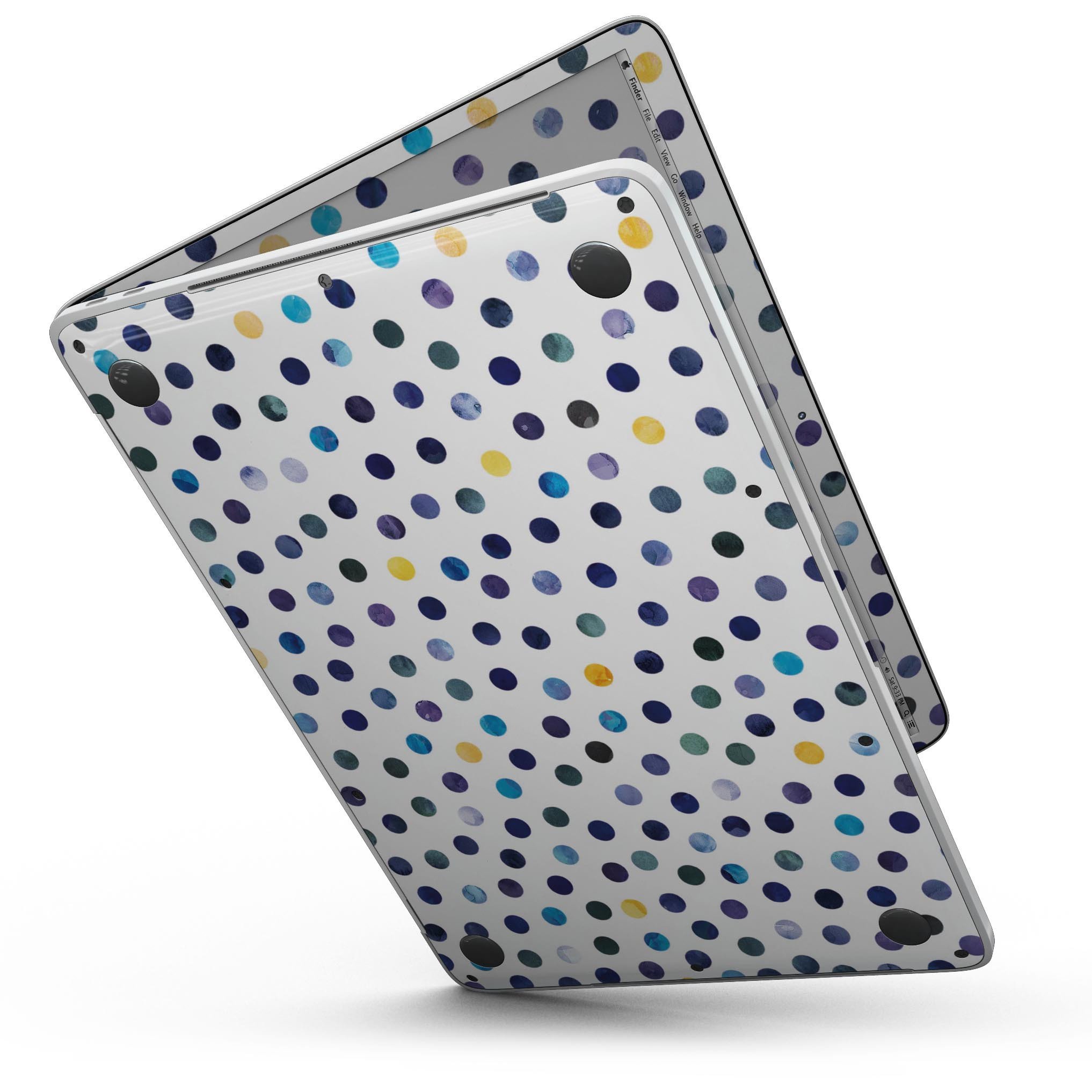 Dark Blue and Yellow Watercolor Dots skin for MacBook Pro, showcasing vibrant colors and a stylish design.