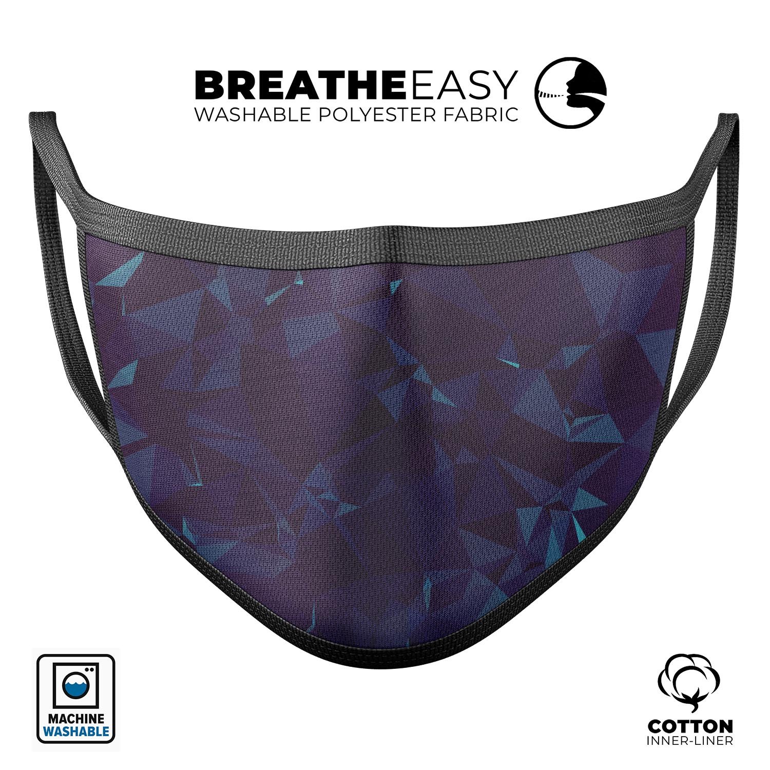 Dark Blue Geometric V15 mouth cover, unisex design, made in USA, featuring adjustable ear loops and soft cotton interior for comfort.