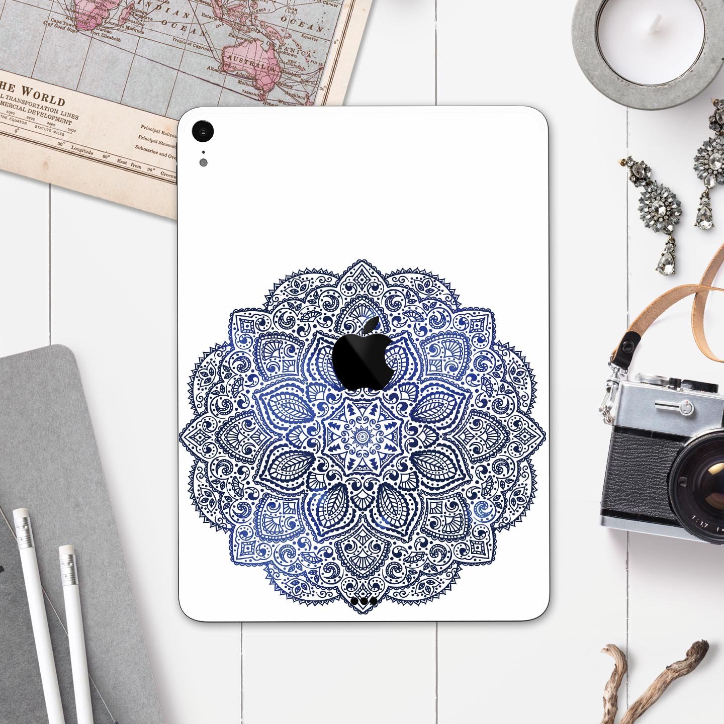 Dark Blue Indian Ornament skin decal for Apple iPad, showcasing intricate design and premium quality materials.